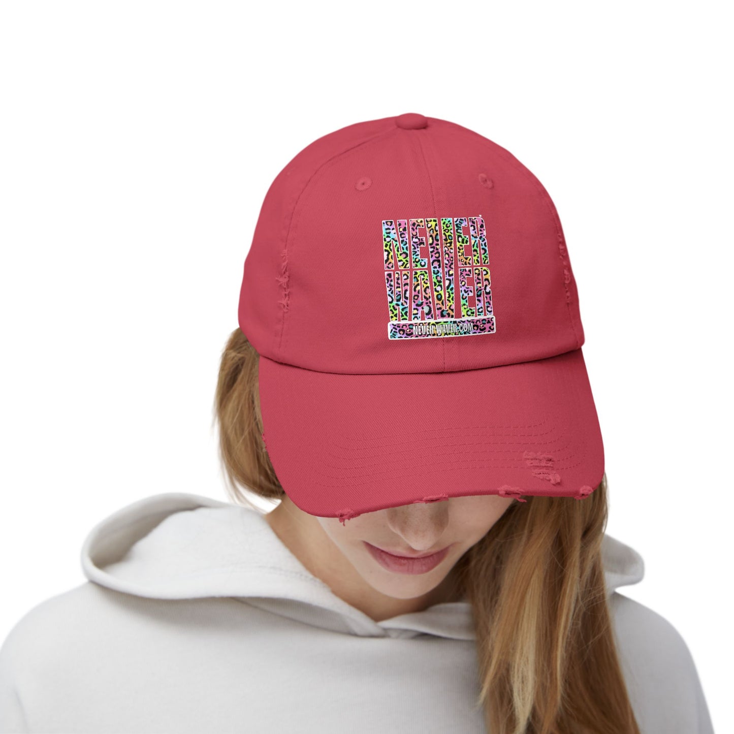 Unisex Distressed Cap - 'NEVER WAVER' Inspirational Hat for Everyday Wear Multi Color Leopard