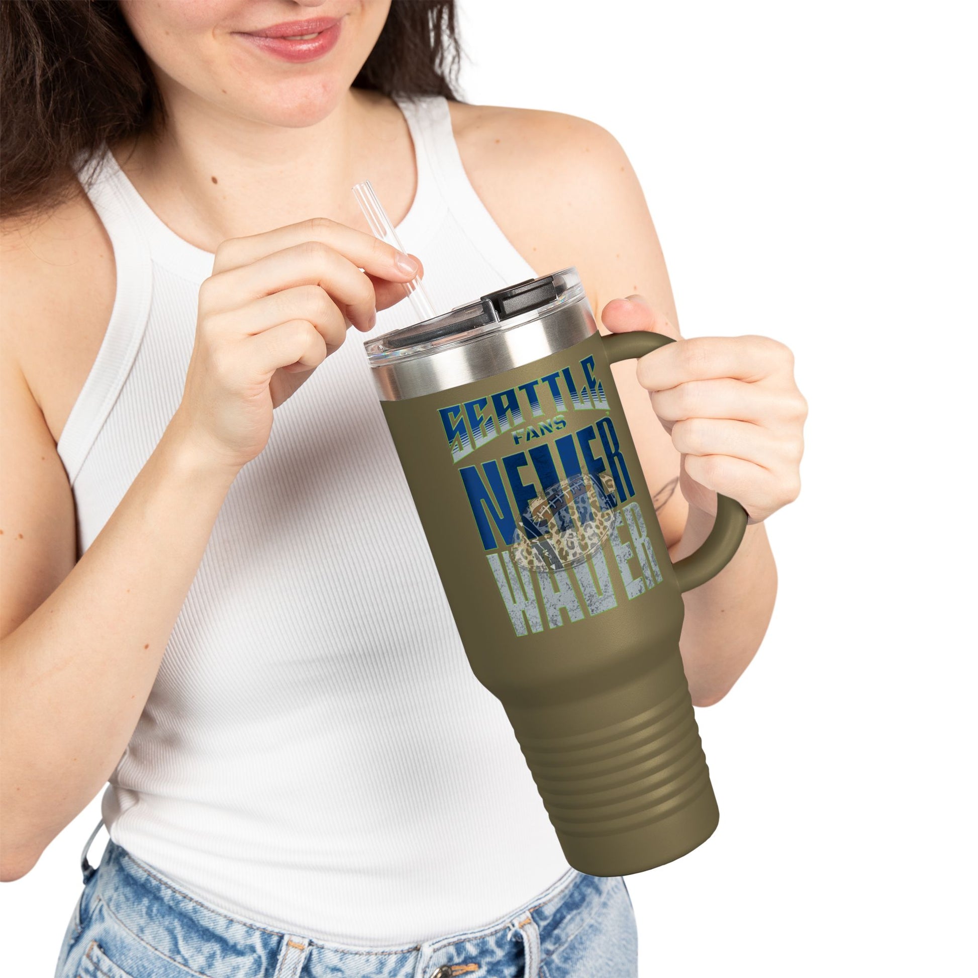 Seattle Fans Never Waver W-Leopard Football Insulated Travel Mug, 40oz - Never Waver