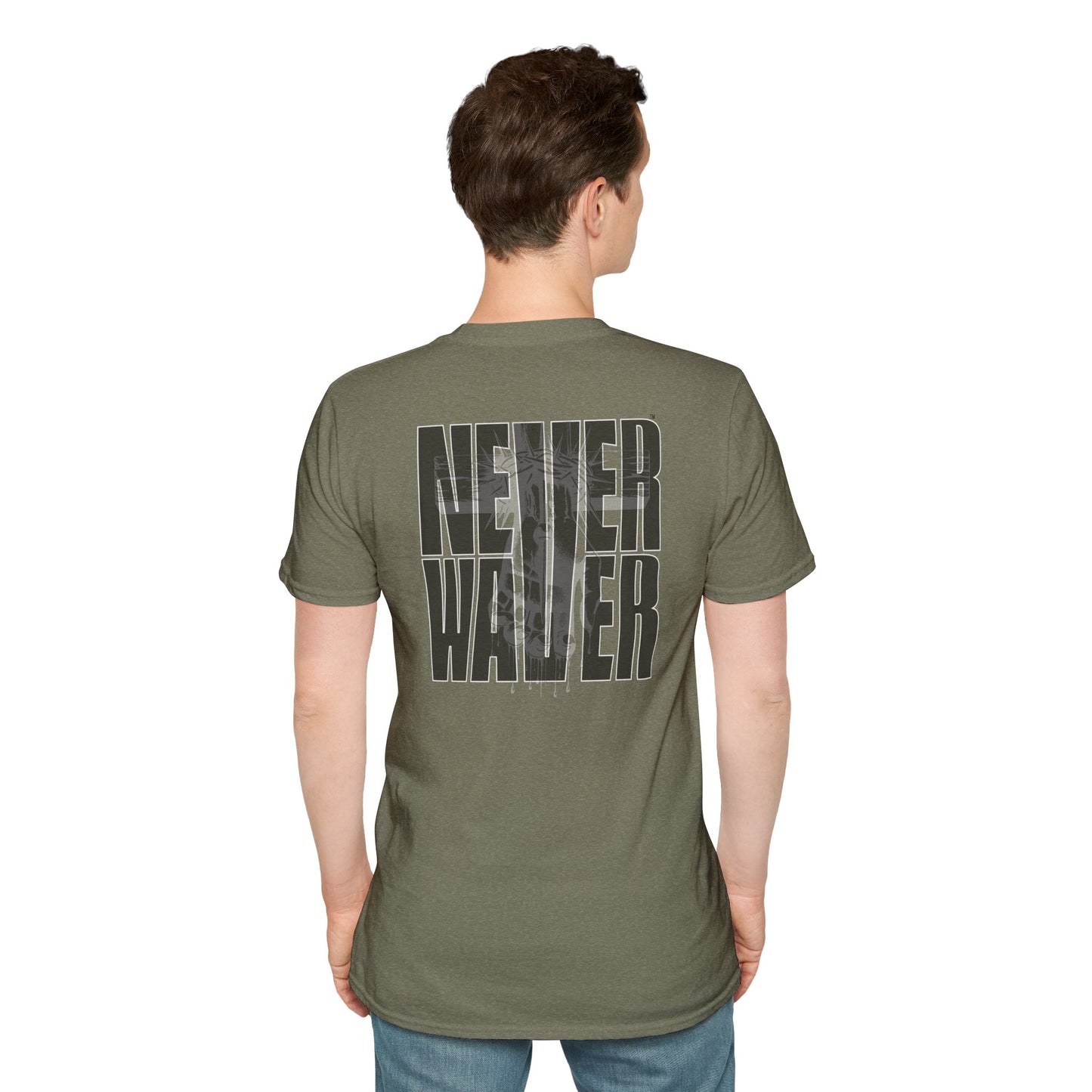Never Waver” Jesus a bold, eye-catching design that reflects a steadfast faith and confidence in Christ. Unisex Soft style T-Shirt - Never Waver