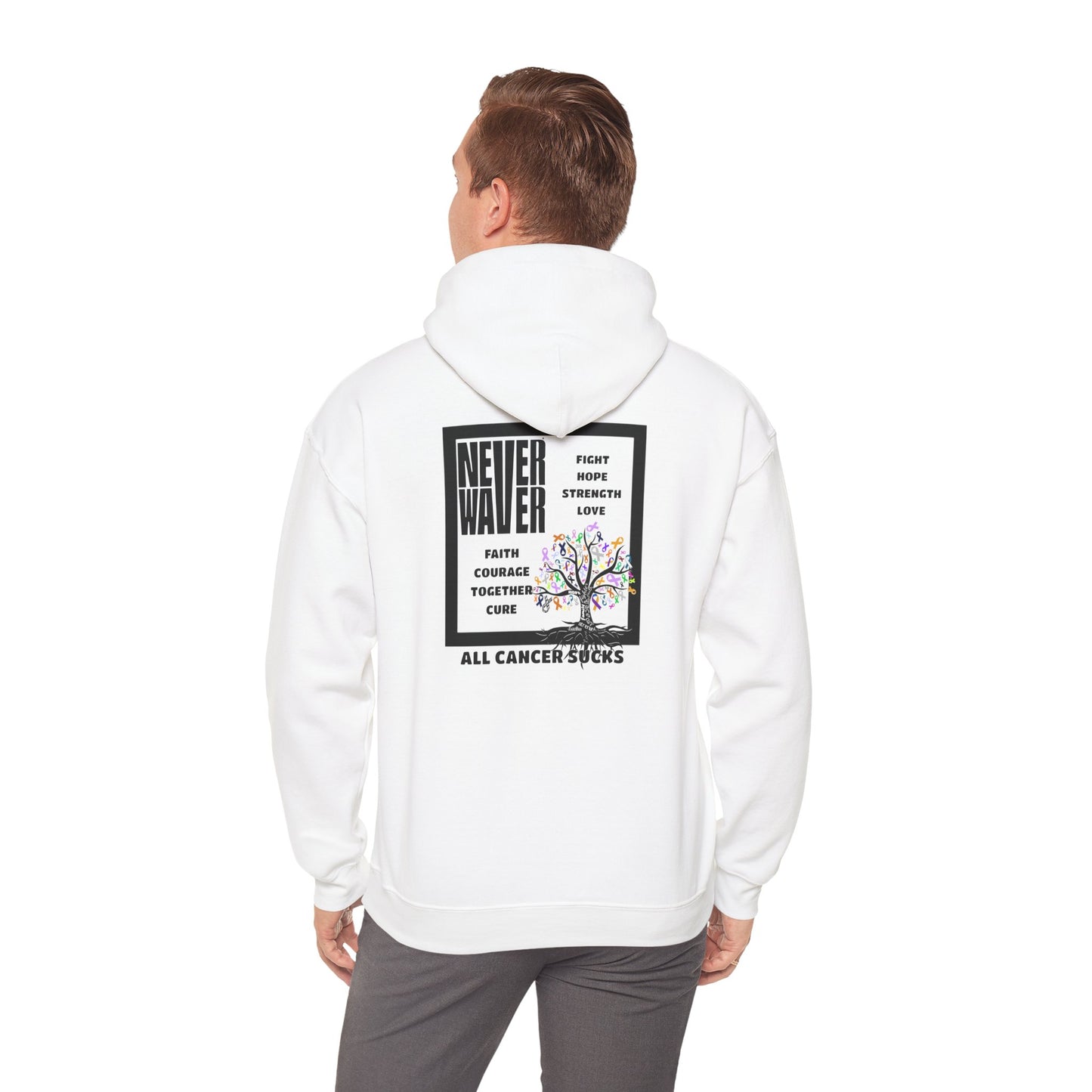 Cancer Awareness Hoodie - Never Waver - Fight, Hope, Strength, Love Tree of Ribbons - Never Waver