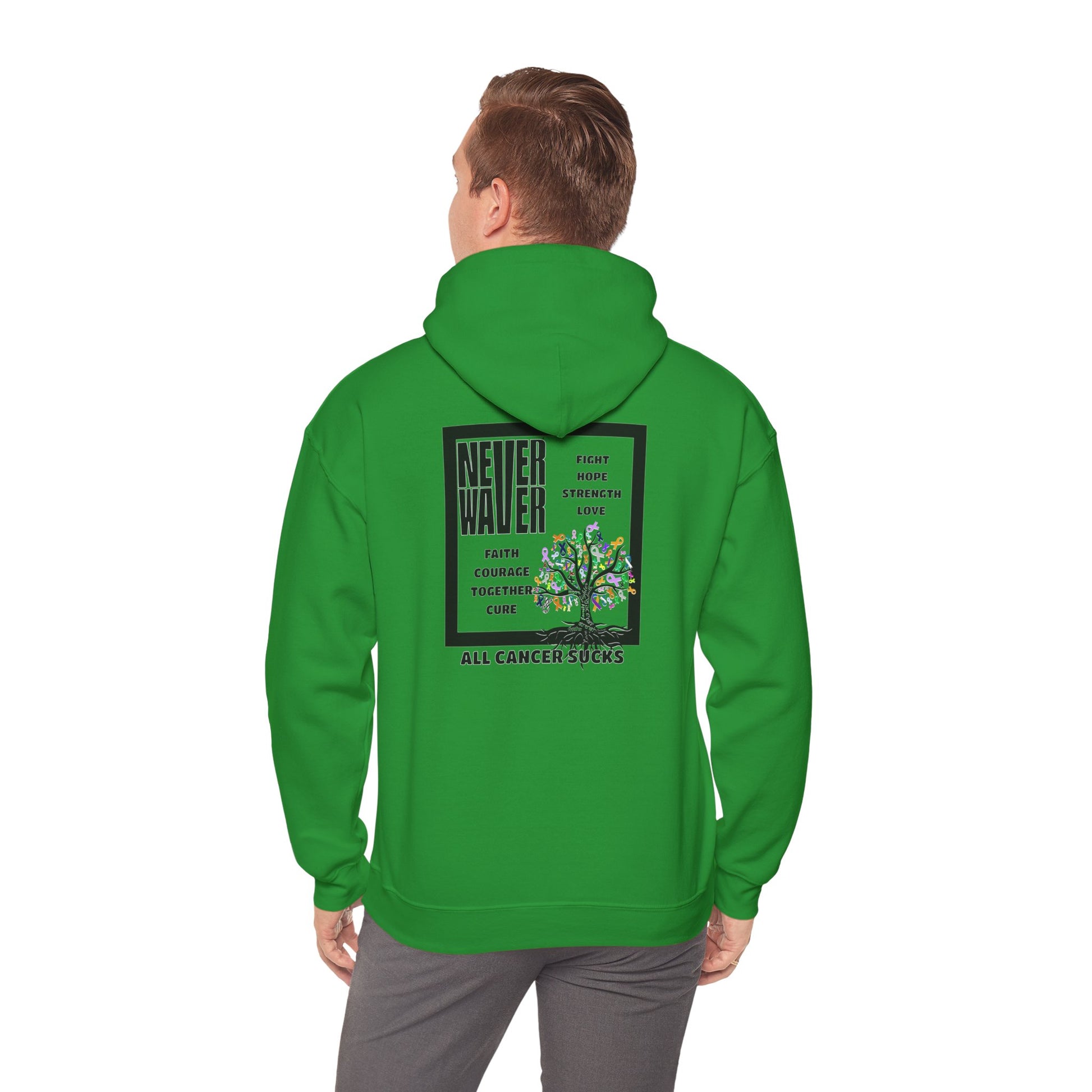 Cancer Awareness Hoodie - Never Waver - Fight, Hope, Strength, Love Tree of Ribbons - Never Waver