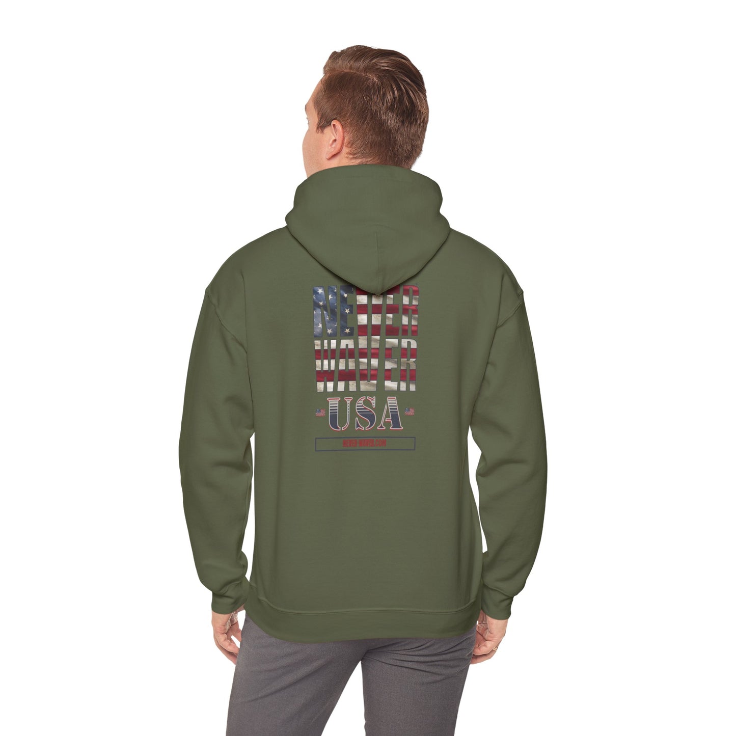 Unisex Heavy Blend™ Hooded Sweatshirt - 'Never Waver' USA Flag Design - Never Waver
