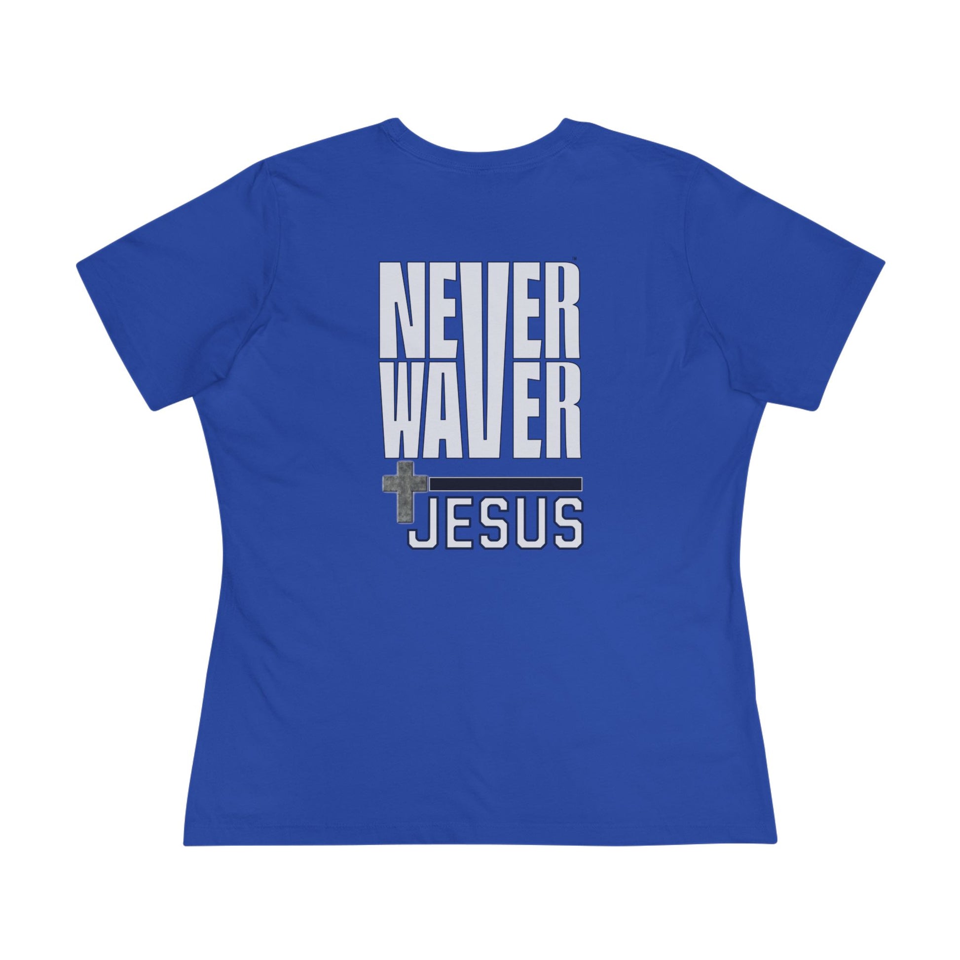 Never Waver” Jesus bold, eye-catching design that reflects a steadfast faith and confidence in Christ. Women's Cotton Tee - Never Waver