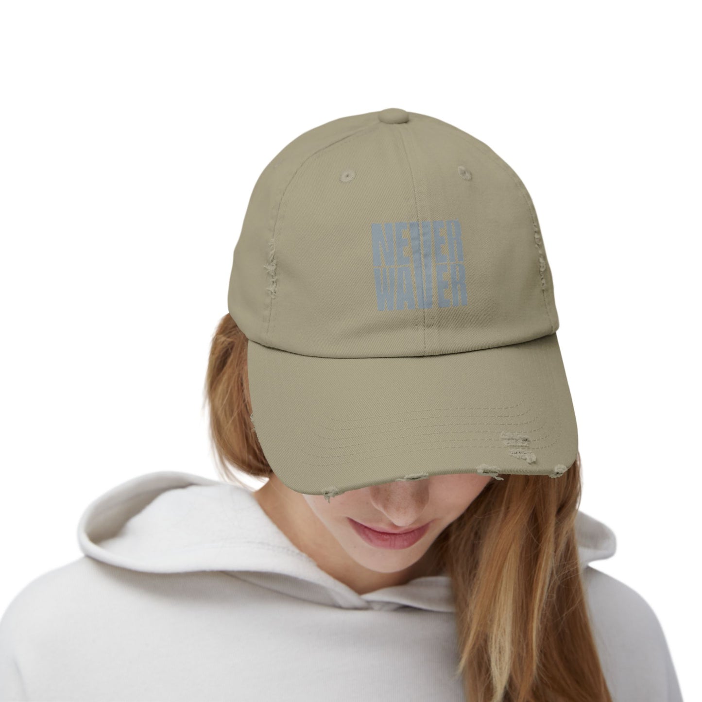 Unisex Distressed Cap - 'Never Waver' Casual Hat for Everyday Style