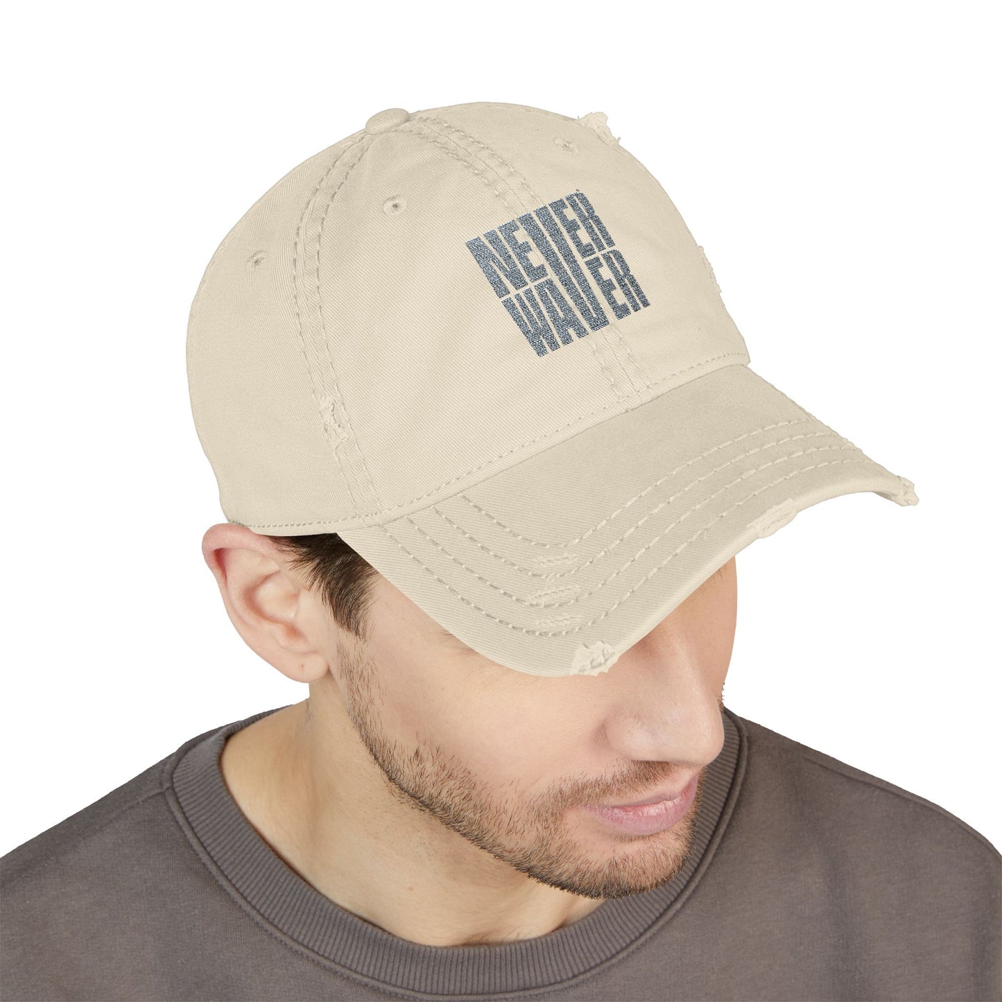 Distressed Dad Hat with 'Never Waver' Embroidery - Casual Style for Everyday Adventures