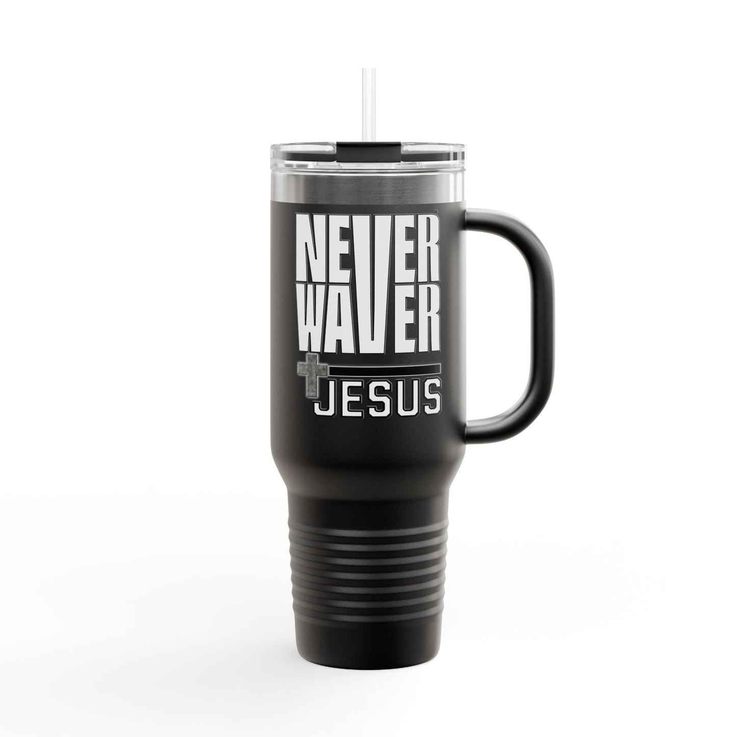 Insulated Travel Mug - "Never Waver” Jesus a bold, eye-catching design that reflects a steadfast faith and confidence in Christ. " - 40oz Sporty Drinkware - Never Waver