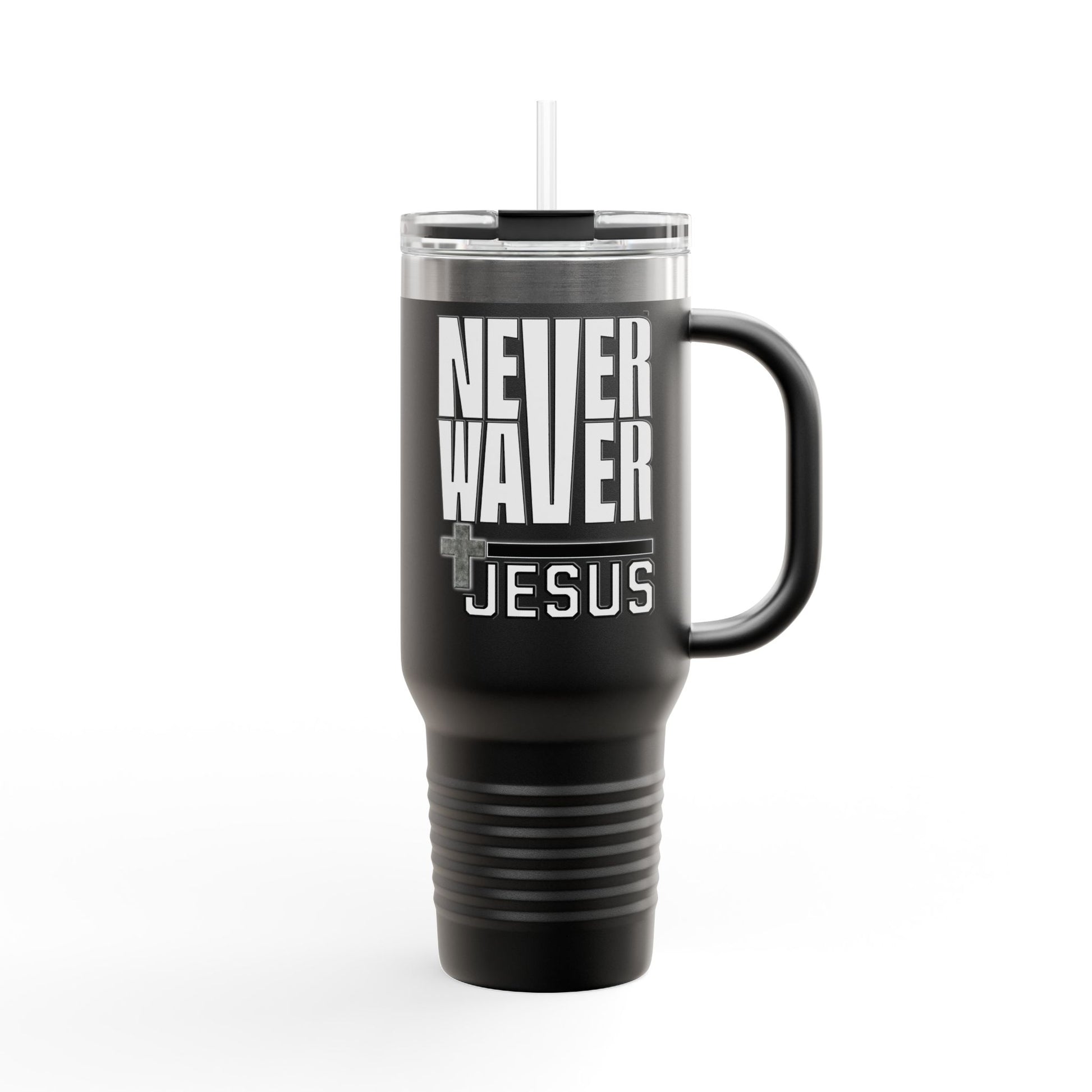 Insulated Travel Mug - "Never Waver” Jesus a bold, eye-catching design that reflects a steadfast faith and confidence in Christ. " - 40oz Sporty Drinkware - Never Waver