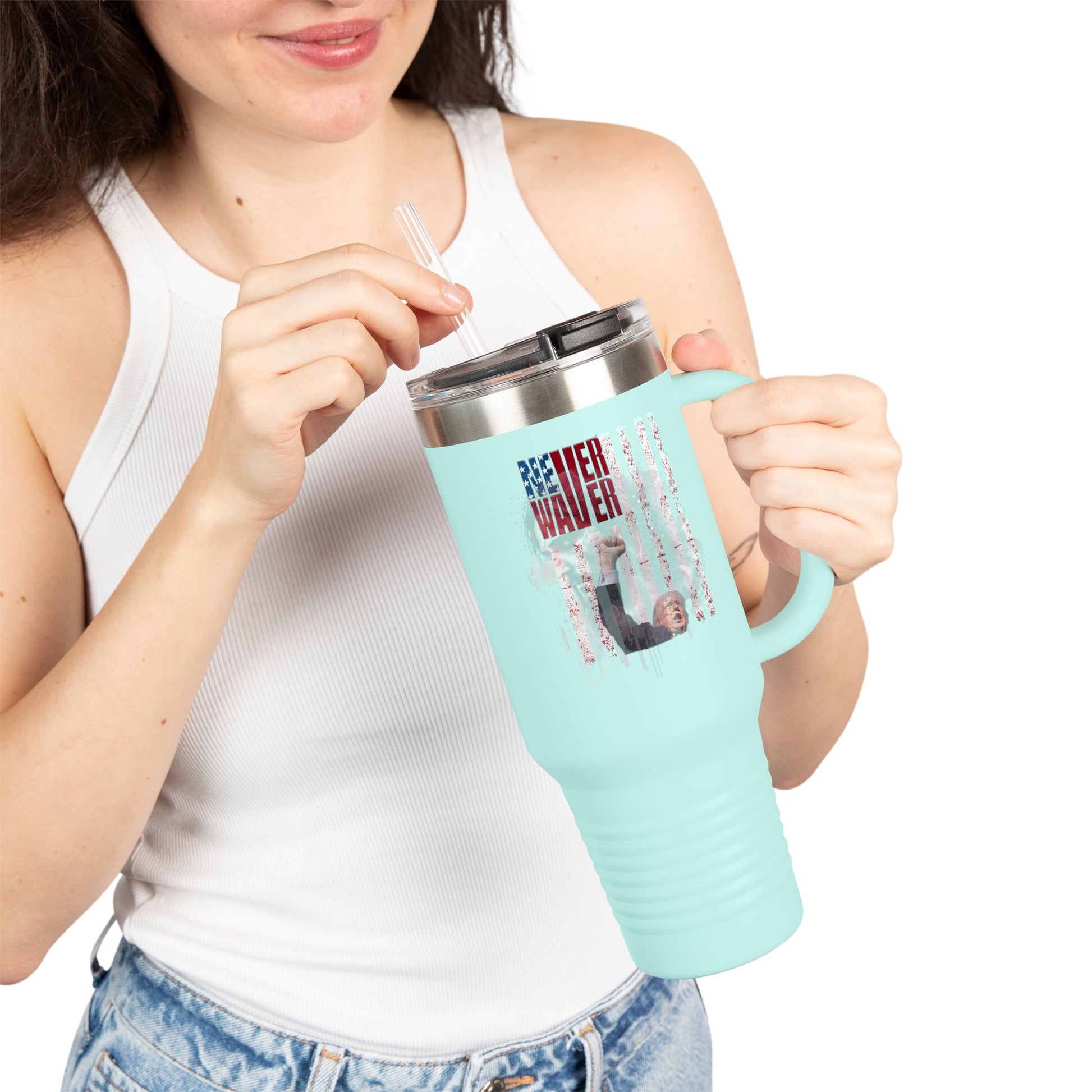 Never Waver Trump Fist Pump w Jesus Protection Insulated Travel Mug, 40oz - Never Waver