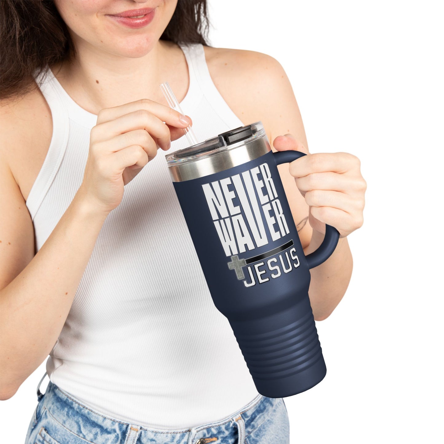 Insulated Travel Mug - "Never Waver” Jesus a bold, eye-catching design that reflects a steadfast faith and confidence in Christ. " - 40oz Sporty Drinkware - Never Waver