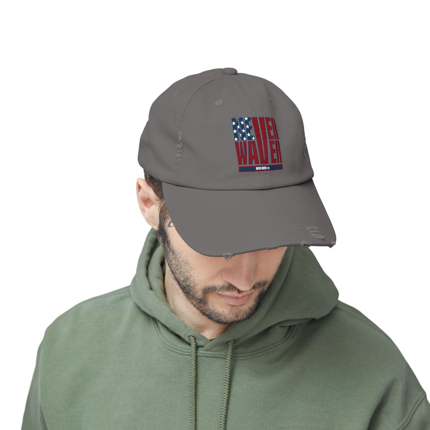 Unisex Distressed Cap - 'Never Waver' Casual Hat for Everyday Style Patriotic