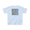 Kids Tee Never Waver” Jesus t-shirt might feature a bold, eye-catching design that reflects a steadfast faith and confidence in Christ.  - Never Waver
