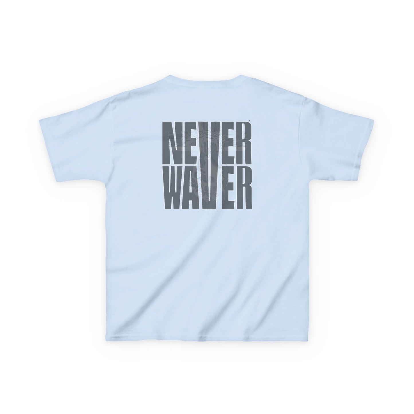 Kids Tee Never Waver” Jesus t-shirt might feature a bold, eye-catching design that reflects a steadfast faith and confidence in Christ.  - Never Waver