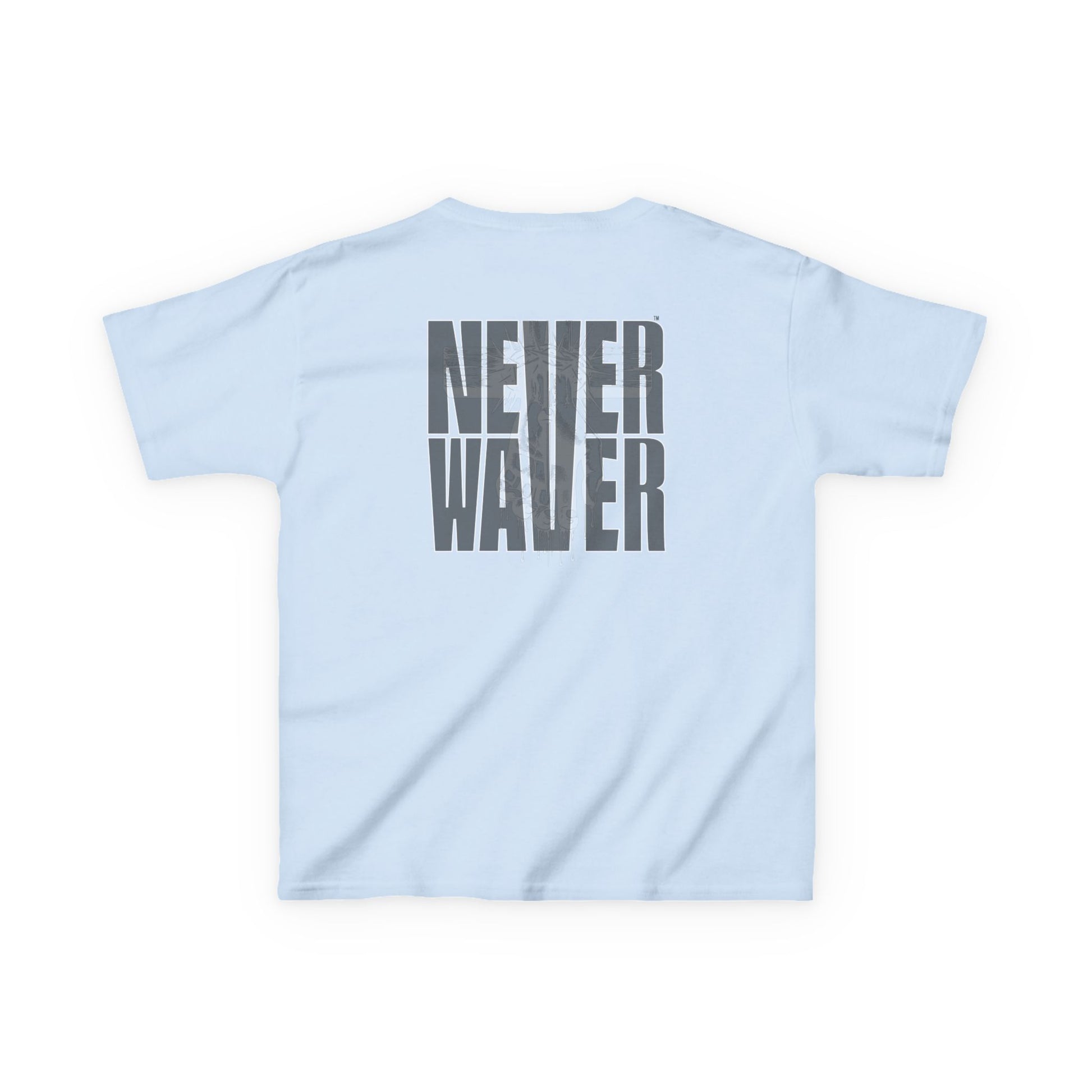 Kids Tee Never Waver” Jesus t-shirt might feature a bold, eye-catching design that reflects a steadfast faith and confidence in Christ.  - Never Waver