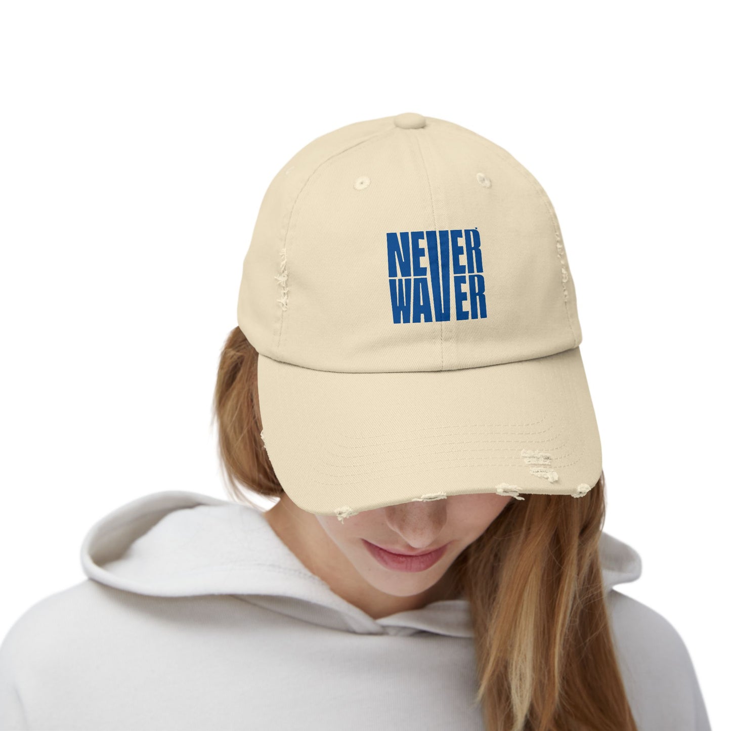 Unisex Distressed Cap - ‘NEVER WAVER’ Motivational Hat for Everyday Inspiration