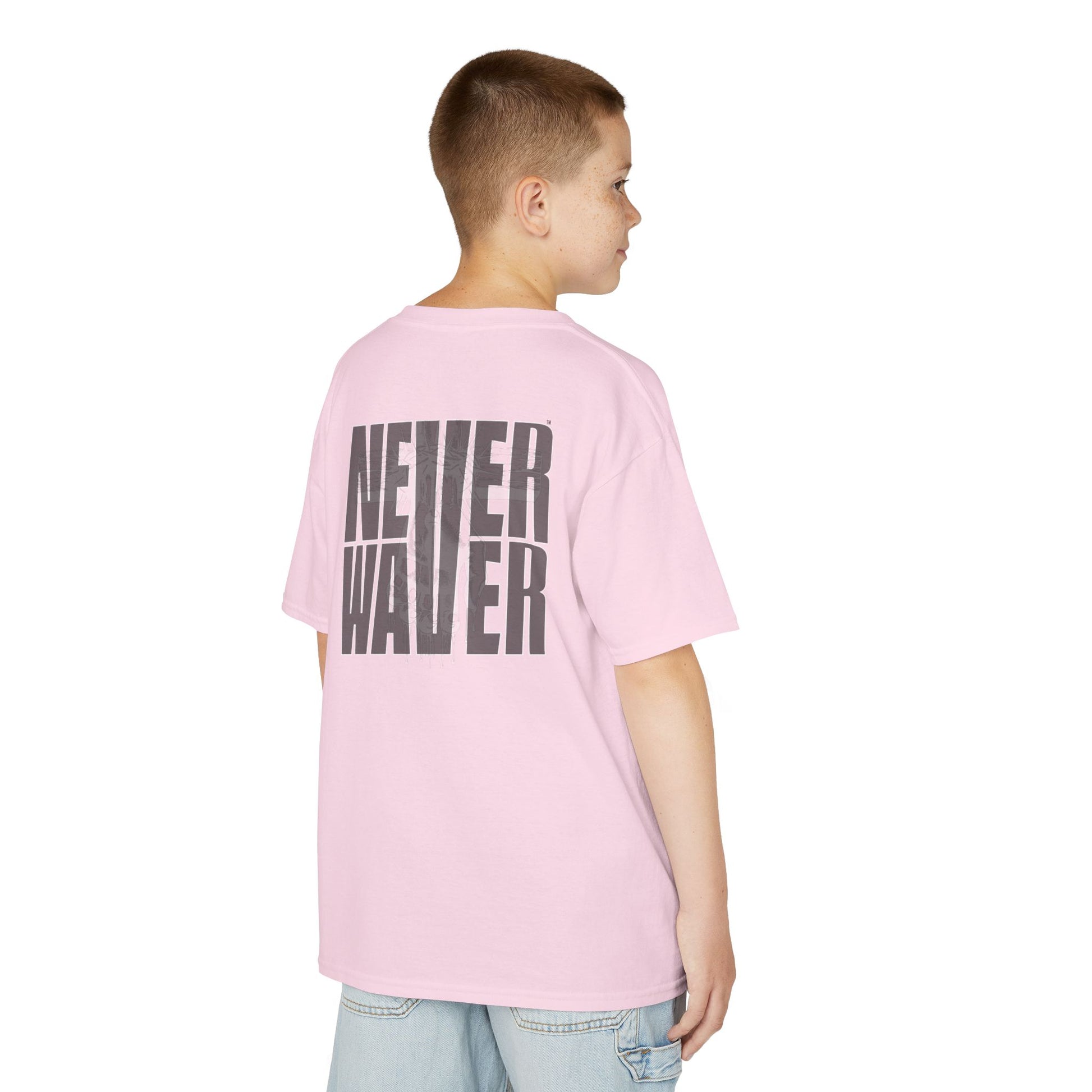 Kids Tee Never Waver” Jesus t-shirt might feature a bold, eye-catching design that reflects a steadfast faith and confidence in Christ.  - Never Waver