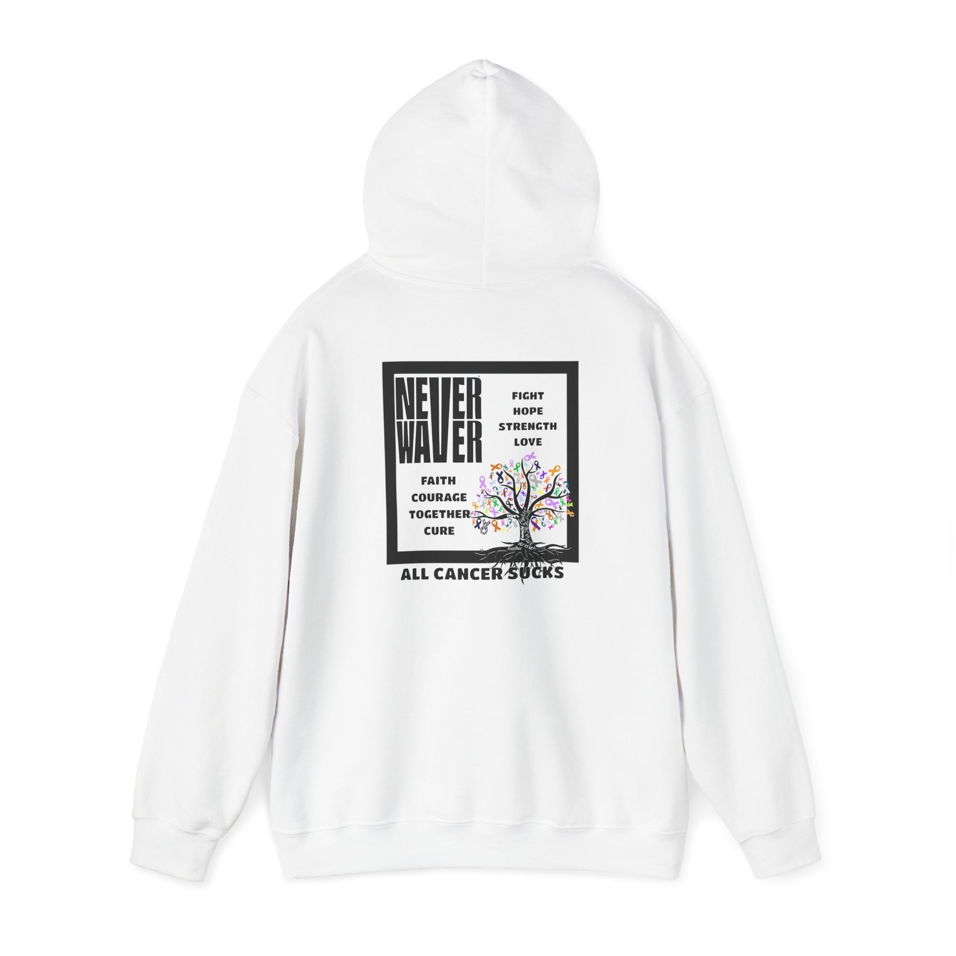 Cancer Awareness Hoodie - Never Waver - Fight, Hope, Strength, Love Tree of Ribbons - Never Waver