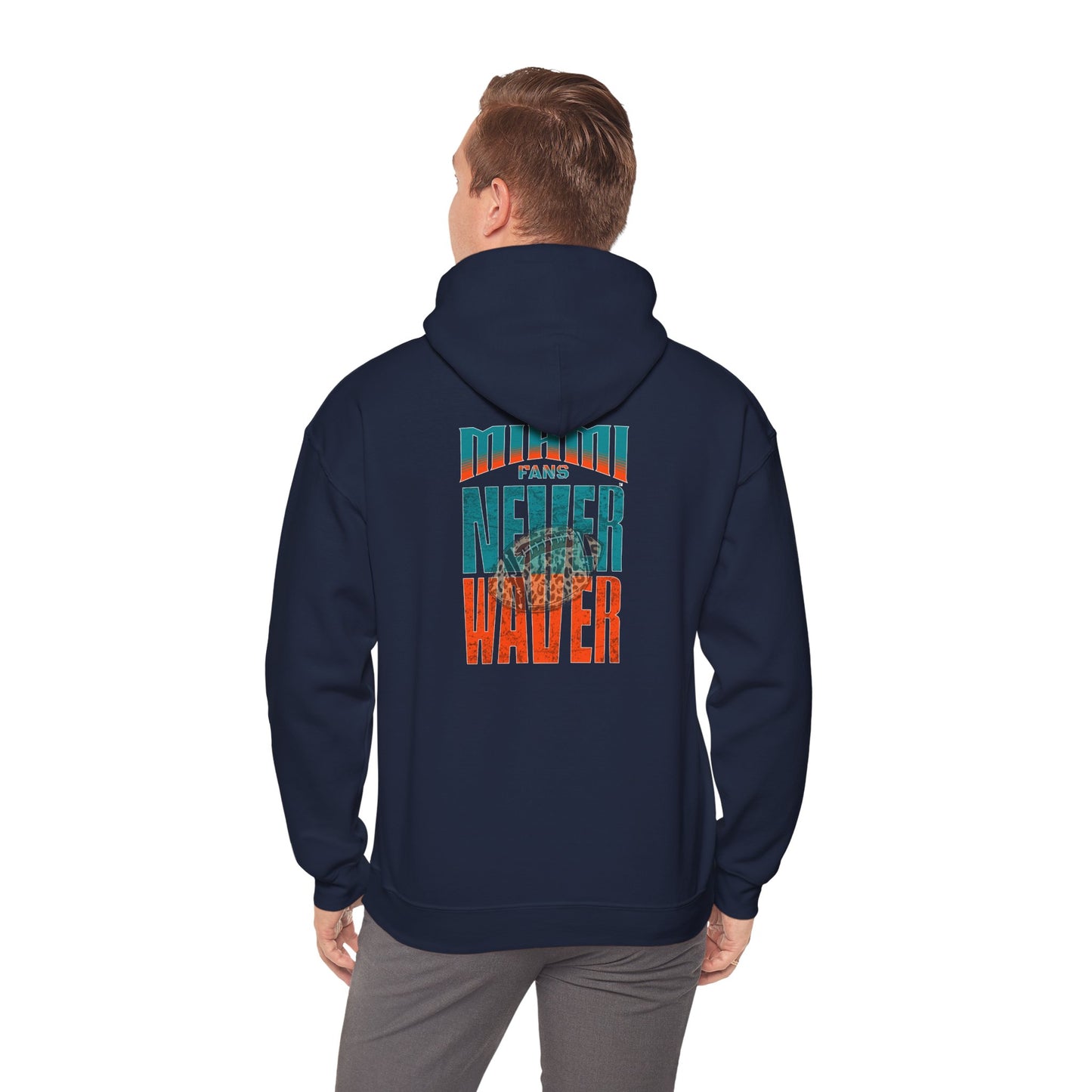Unisex Heavy Blend™ Hooded Sweatshirt -Miami Fans  NEVER WAVER w Leopard Football | Cozy Streetwear for Every Day - Never Waver