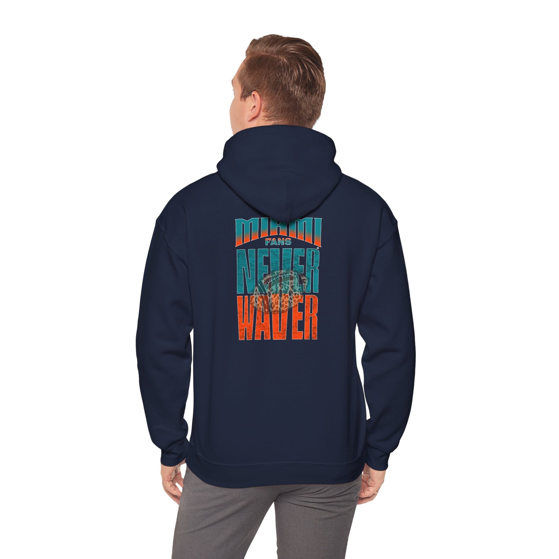 Unisex Heavy Blend™ Hooded Sweatshirt -Miami Fans  NEVER WAVER w Leopard Football | Cozy Streetwear for Every Day - Never Waver