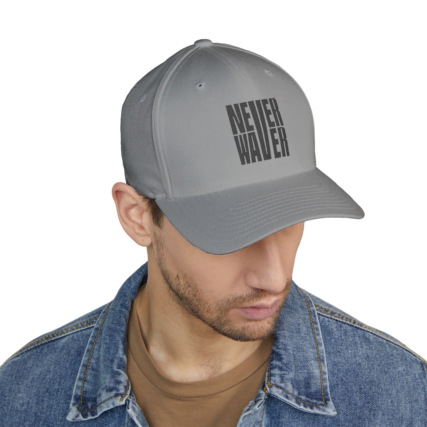 Never Waver Embroidered Cap - Structured White Baseball Hat for Motivation and Style