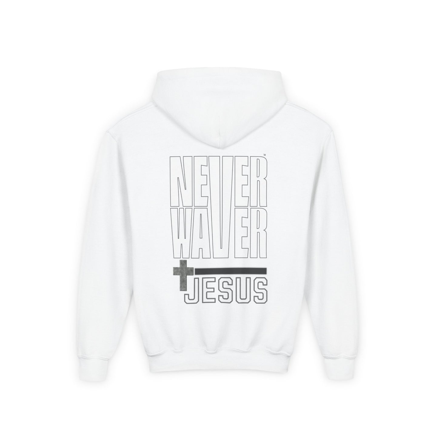 Youth Jesus Hoodie - "Never Waver” Jesus bold, eye-catching design that reflects a steadfast faith and confidence in Christ. " Sweatshirt for Young Jesus Lovers - Never Waver