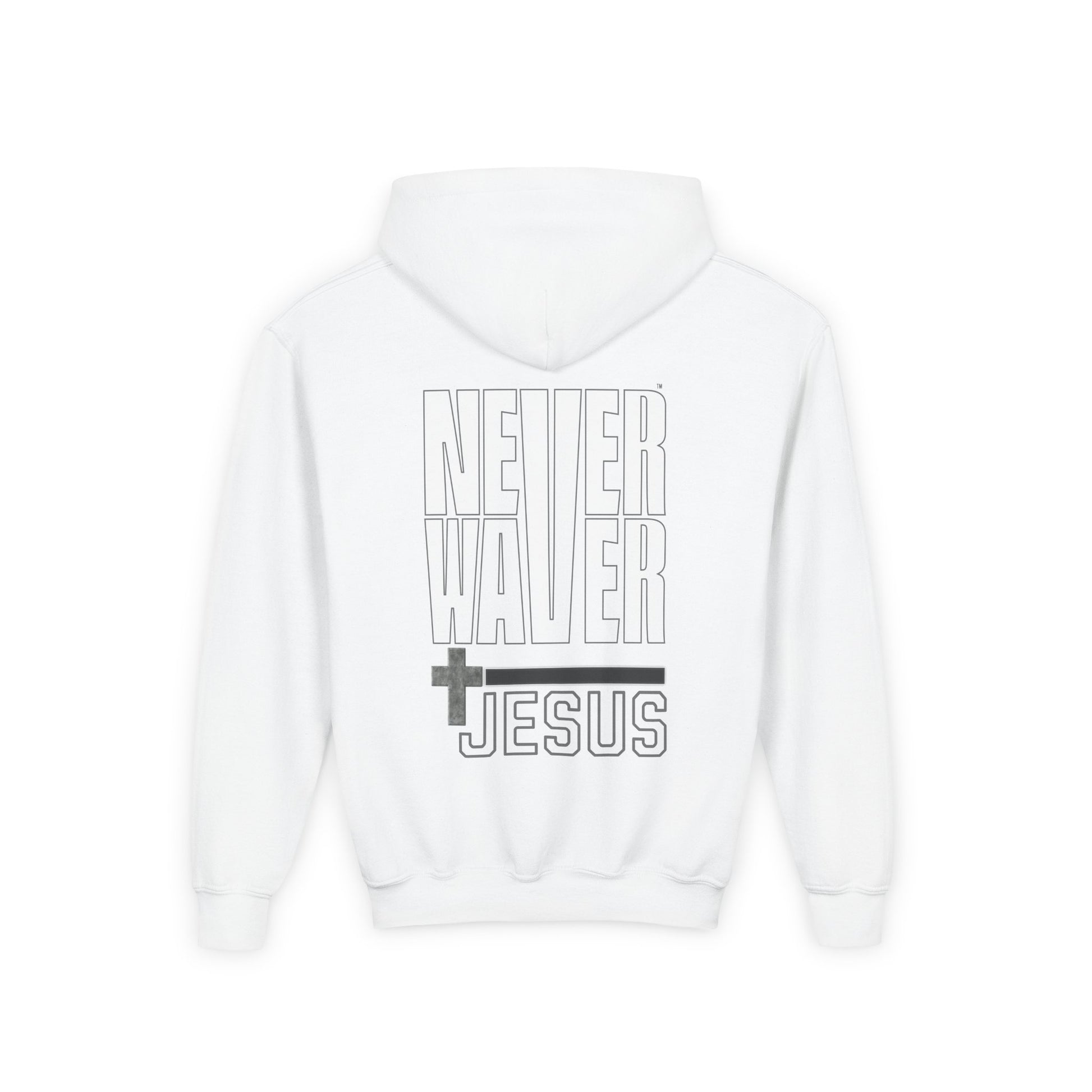 Youth Jesus Hoodie - "Never Waver” Jesus bold, eye-catching design that reflects a steadfast faith and confidence in Christ. " Sweatshirt for Young Jesus Lovers - Never Waver