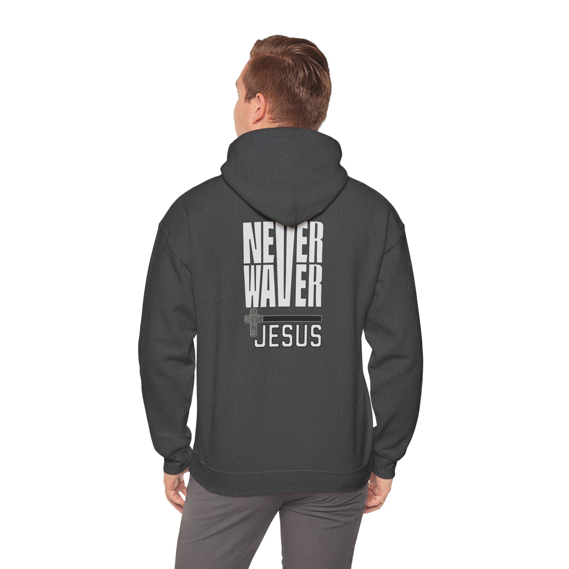 Never Waver” Jesus a bold, eye-catching design that reflects a steadfast faith and confidence in Christ. Hoodie - Unisex Heavy Blend™ Sweatshirt - Never Waver