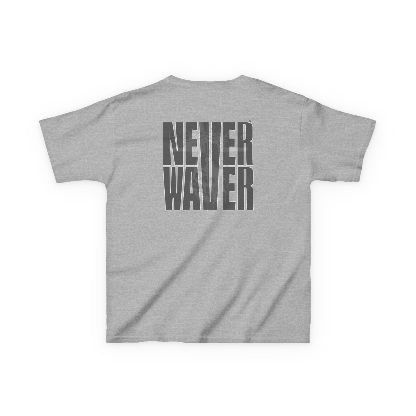 Kids Tee Never Waver” Jesus t-shirt might feature a bold, eye-catching design that reflects a steadfast faith and confidence in Christ.  - Never Waver