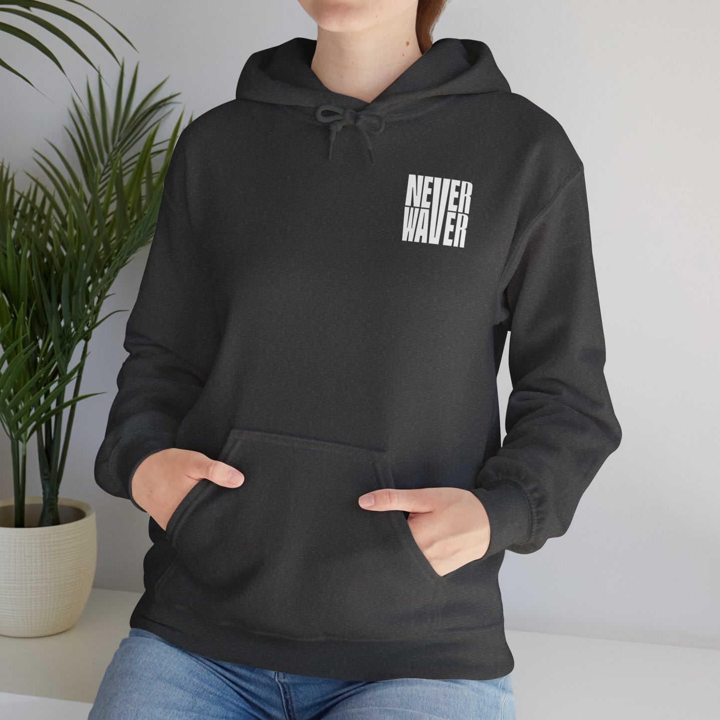 Never Waver” Jesus a bold, eye-catching design that reflects a steadfast faith and confidence in Christ. Hoodie - Unisex Heavy Blend™ Sweatshirt - Never Waver