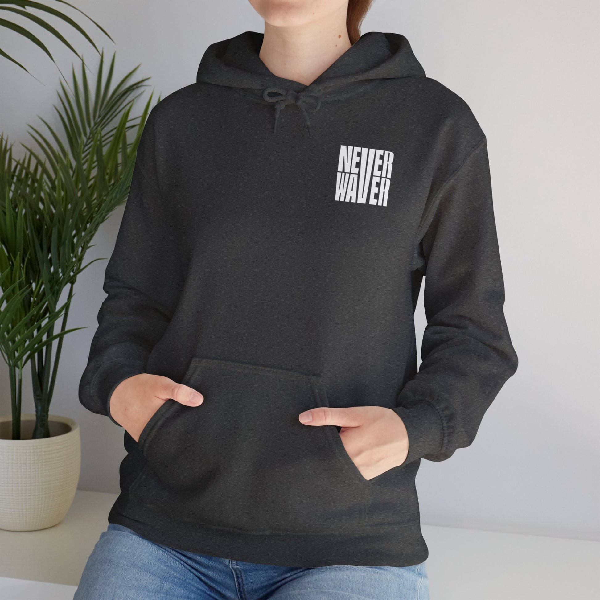 Never Waver” Jesus a bold, eye-catching design that reflects a steadfast faith and confidence in Christ. Hoodie - Unisex Heavy Blend™ Sweatshirt - Never Waver