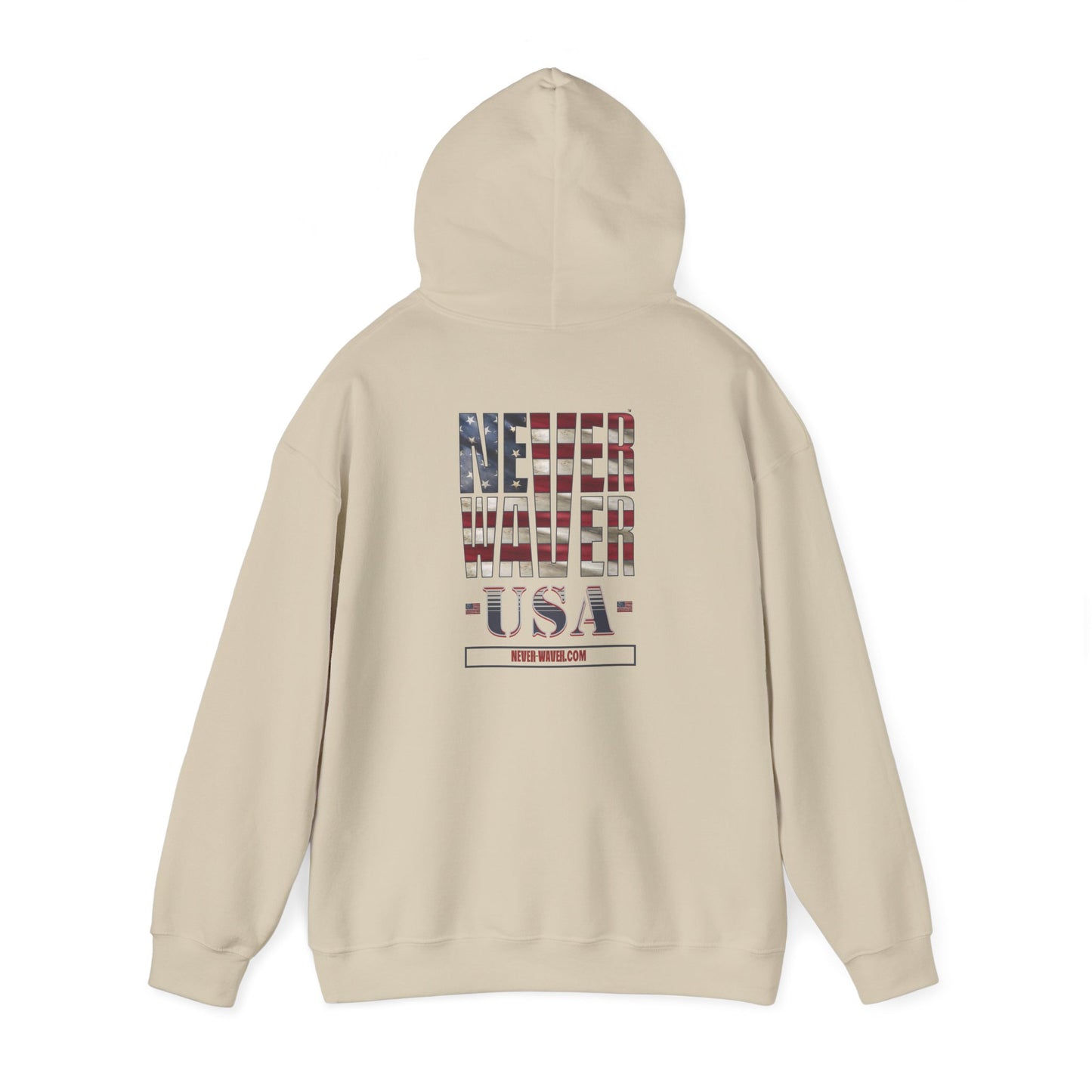 Unisex Heavy Blend™ Hooded Sweatshirt - 'Never Waver' USA Flag Design - Never Waver