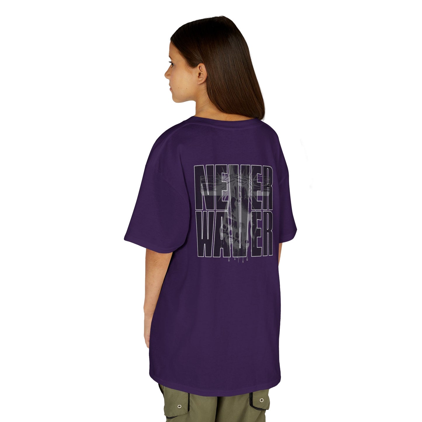 Kids Tee Never Waver” Jesus t-shirt might feature a bold, eye-catching design that reflects a steadfast faith and confidence in Christ.  - Never Waver