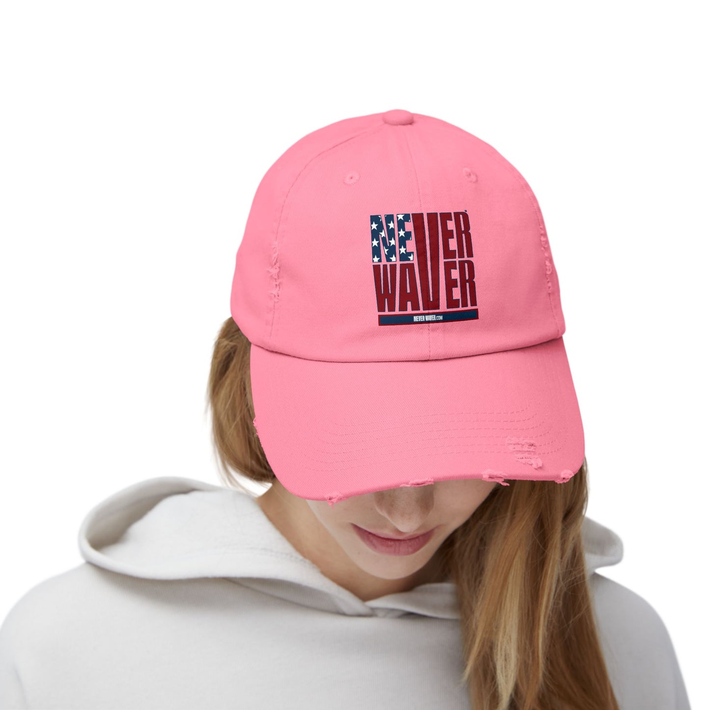 Unisex Distressed Cap - 'Never Waver' Casual Hat for Everyday Style Patriotic