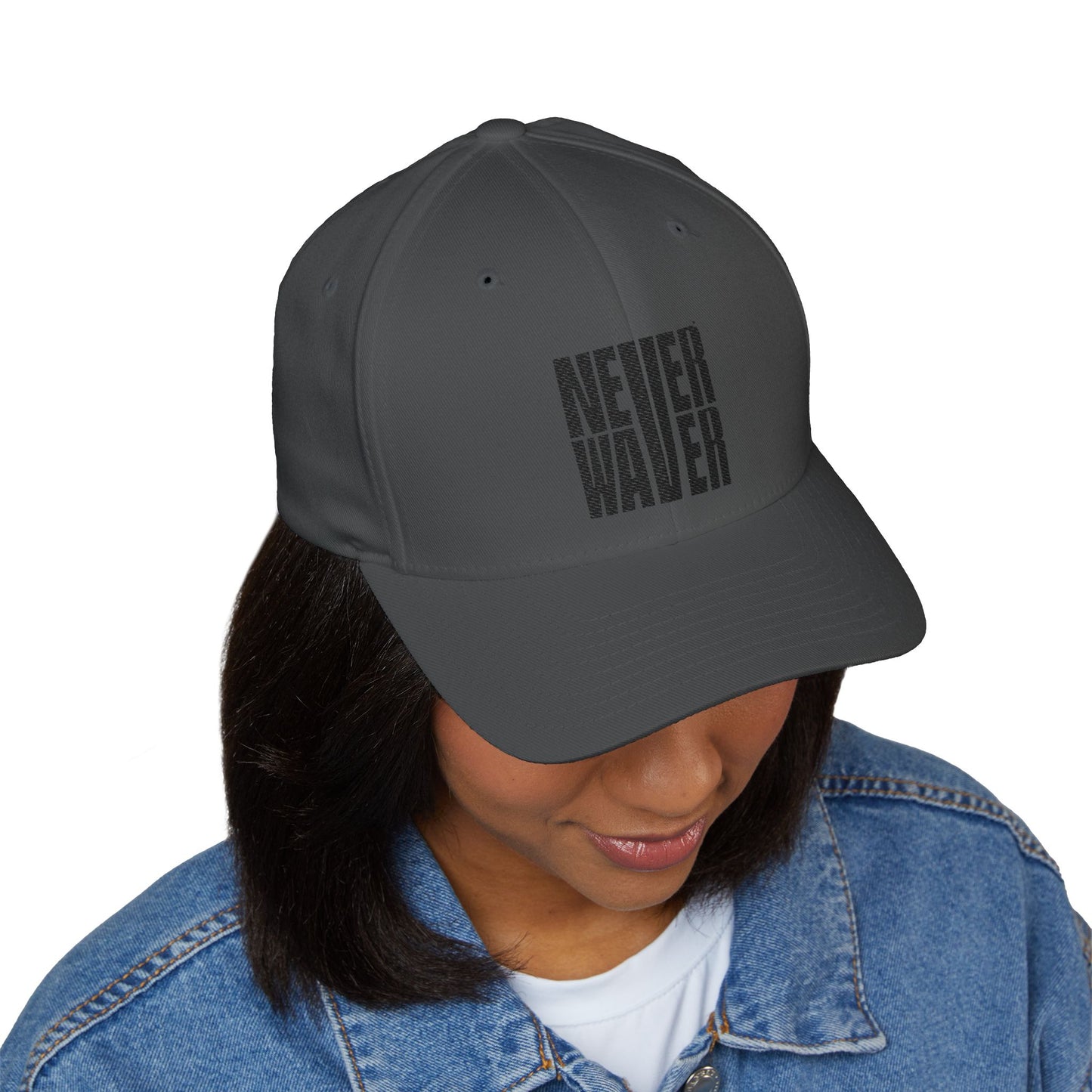 Never Waver Embroidered Cap - Structured White Baseball Hat for Motivation and Style
