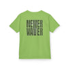 Kids Tee Never Waver” Jesus t-shirt might feature a bold, eye-catching design that reflects a steadfast faith and confidence in Christ.  - Never Waver