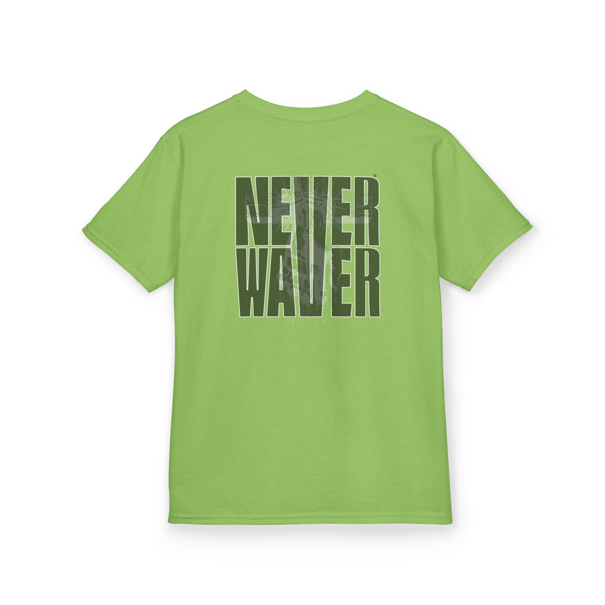 Kids Tee Never Waver” Jesus t-shirt might feature a bold, eye-catching design that reflects a steadfast faith and confidence in Christ.  - Never Waver