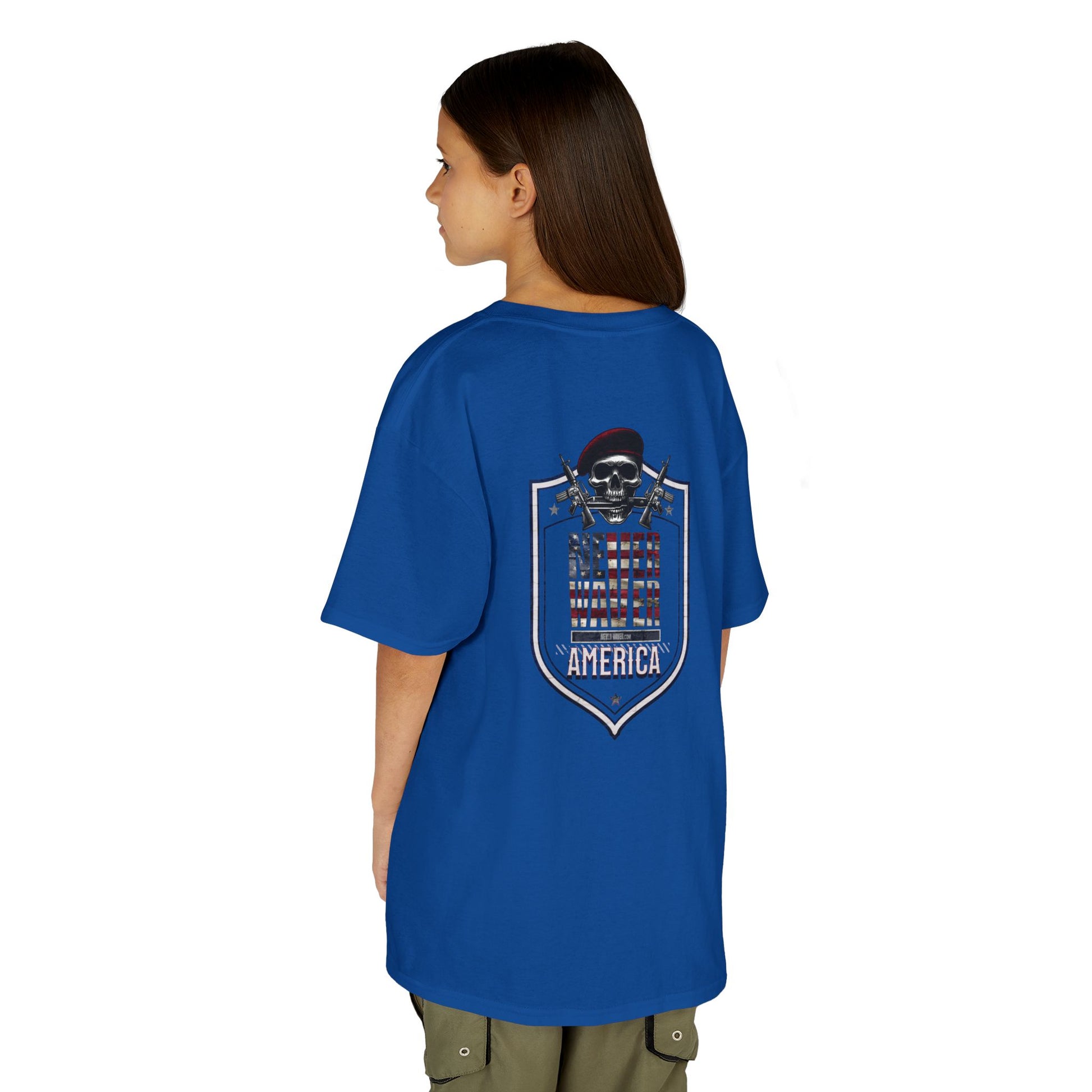 Patriotic Kids Heavy Cotton Tee - 'America Never Waver' USA Graphic Tee - Never Waver