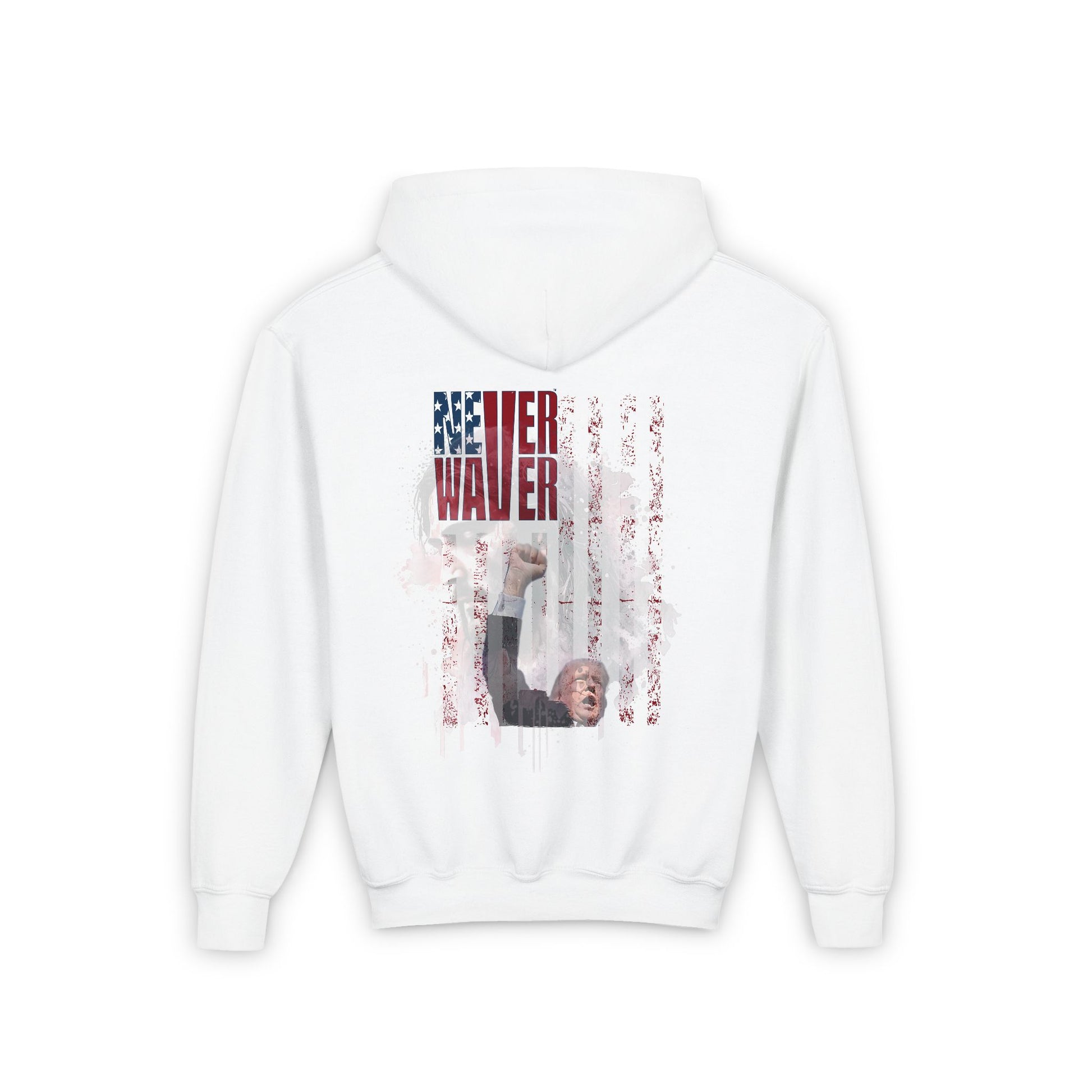 Never Waver Trump Fist Pump W Jesus Protection Vintage-Inspired Youth Hoodie with American Flag Design - Never Waver