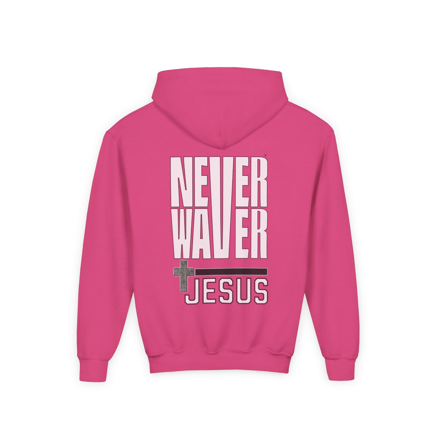 Youth Jesus Hoodie - "Never Waver” Jesus bold, eye-catching design that reflects a steadfast faith and confidence in Christ. " Sweatshirt for Young Jesus Lovers - Never Waver