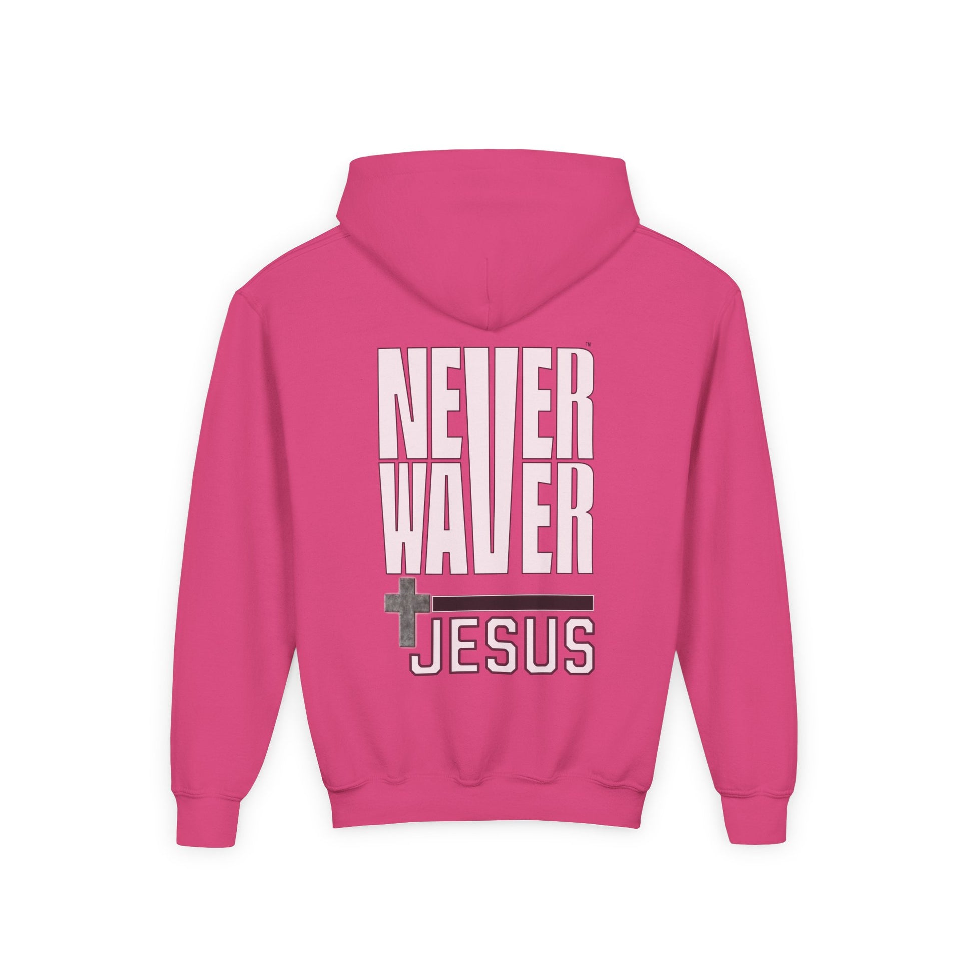 Youth Jesus Hoodie - "Never Waver” Jesus bold, eye-catching design that reflects a steadfast faith and confidence in Christ. " Sweatshirt for Young Jesus Lovers - Never Waver