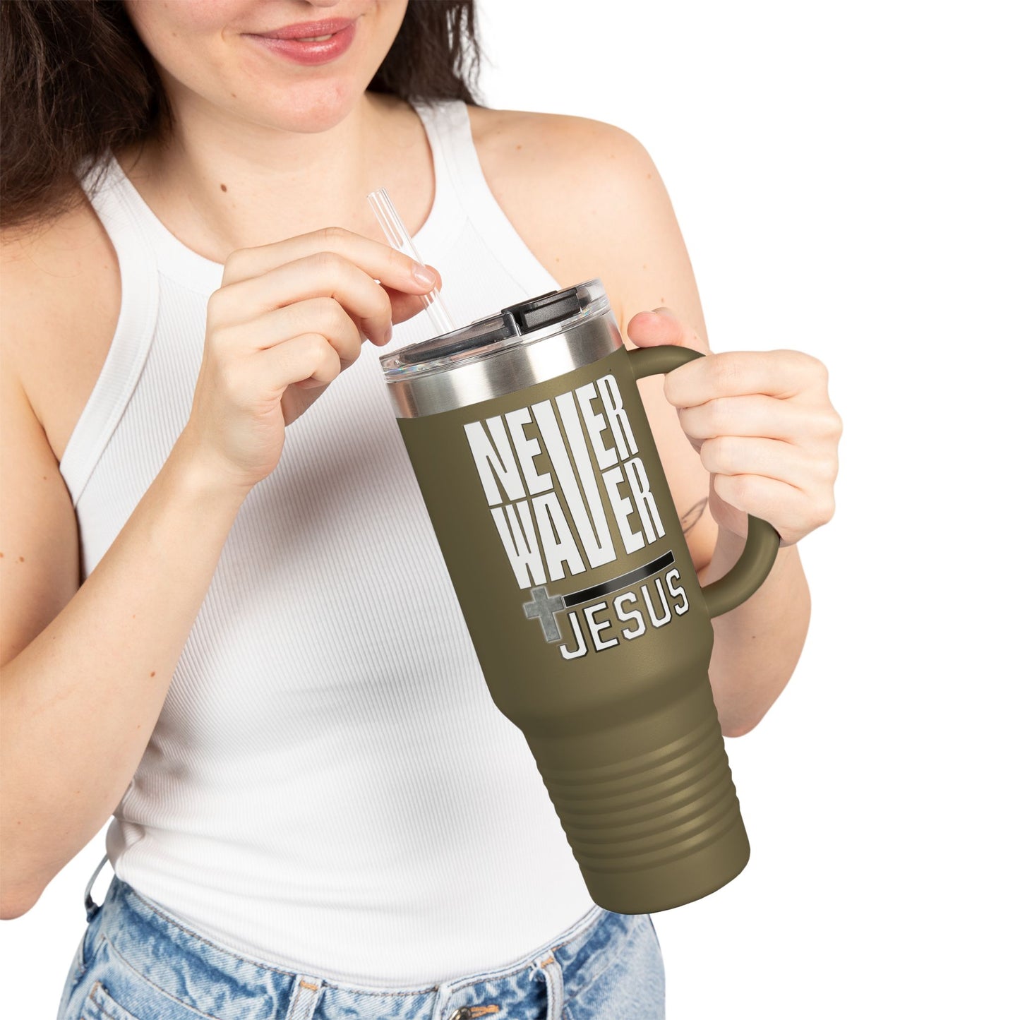 Insulated Travel Mug - "Never Waver” Jesus a bold, eye-catching design that reflects a steadfast faith and confidence in Christ. " - 40oz Sporty Drinkware - Never Waver