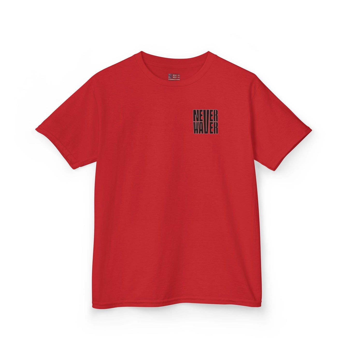 Kids Tee Never Waver” Jesus t-shirt might feature a bold, eye-catching design that reflects a steadfast faith and confidence in Christ.  - Never Waver