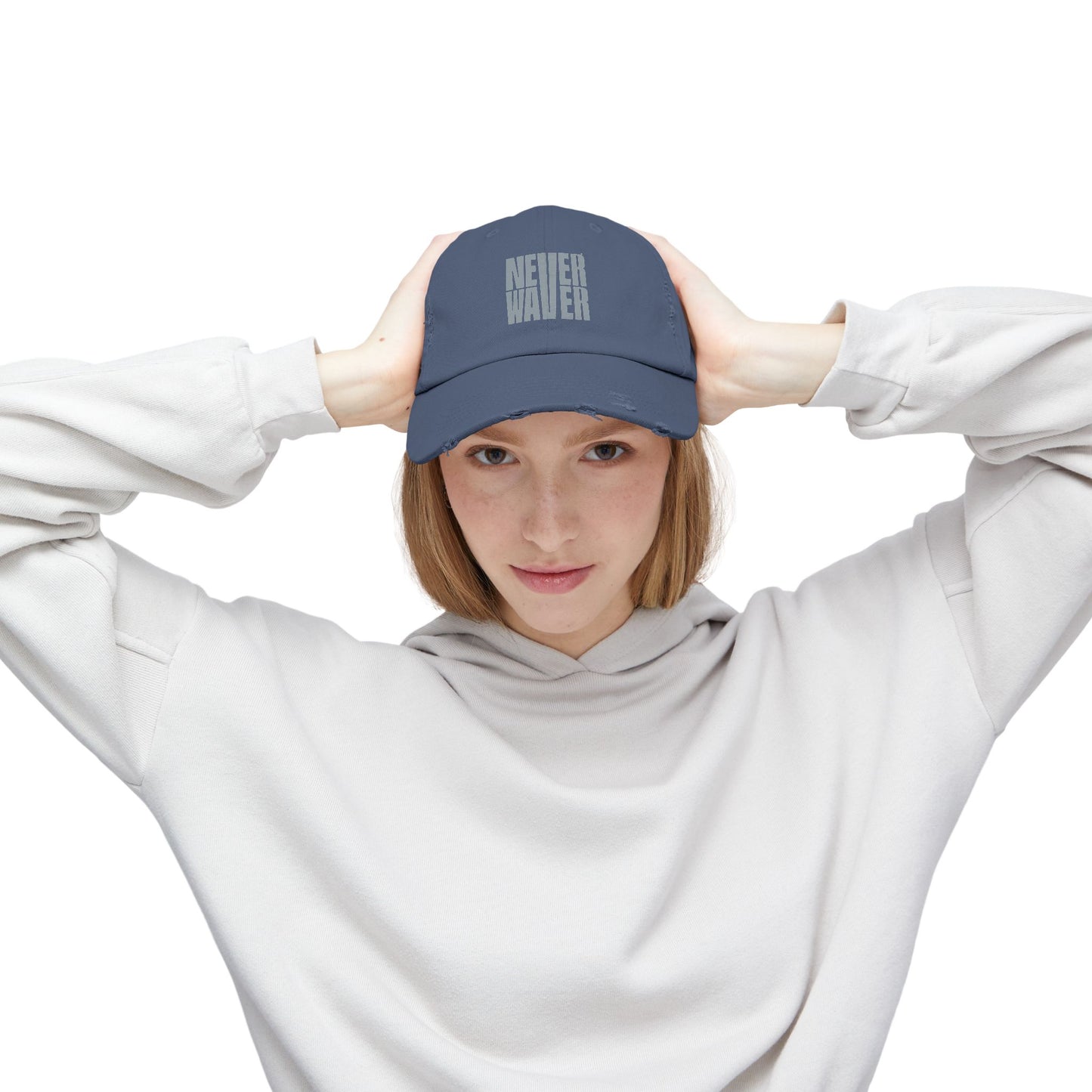 Unisex Distressed Cap - 'Never Waver' Casual Hat for Everyday Style