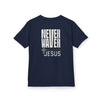 Kids Golf Tee -Never Waver” Jesus a bold, eye-catching design that reflects a steadfast faith and confidence in Christ. - Never Waver