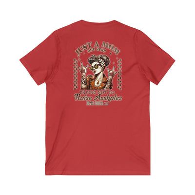 Never Waver Just A Mom Trying Not to Raise A&&holes V-Neck Tee for Moms - Patriotic Short Sleeve Shirt - Never Waver