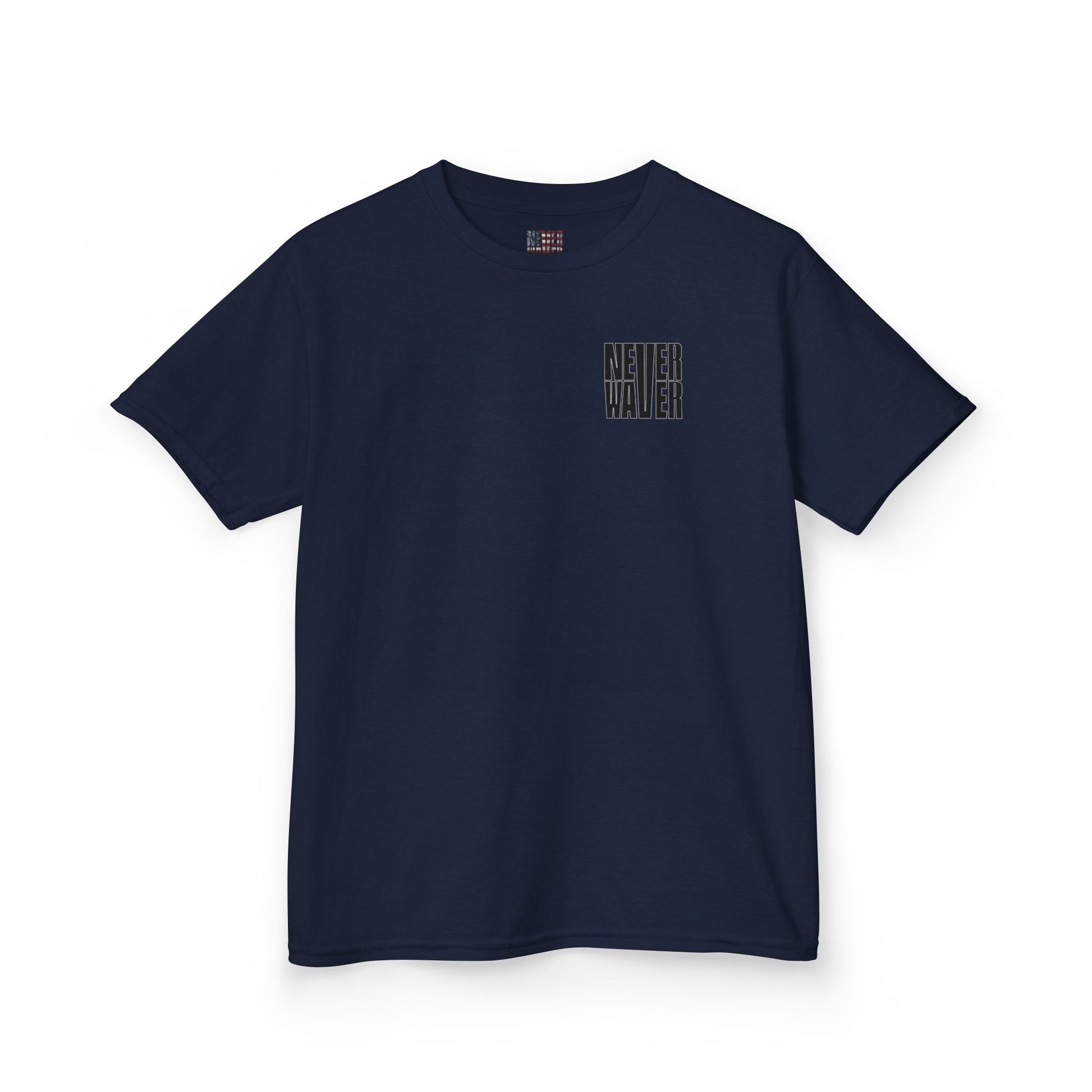 Kids Tee Never Waver” Jesus t-shirt might feature a bold, eye-catching design that reflects a steadfast faith and confidence in Christ.  - Never Waver