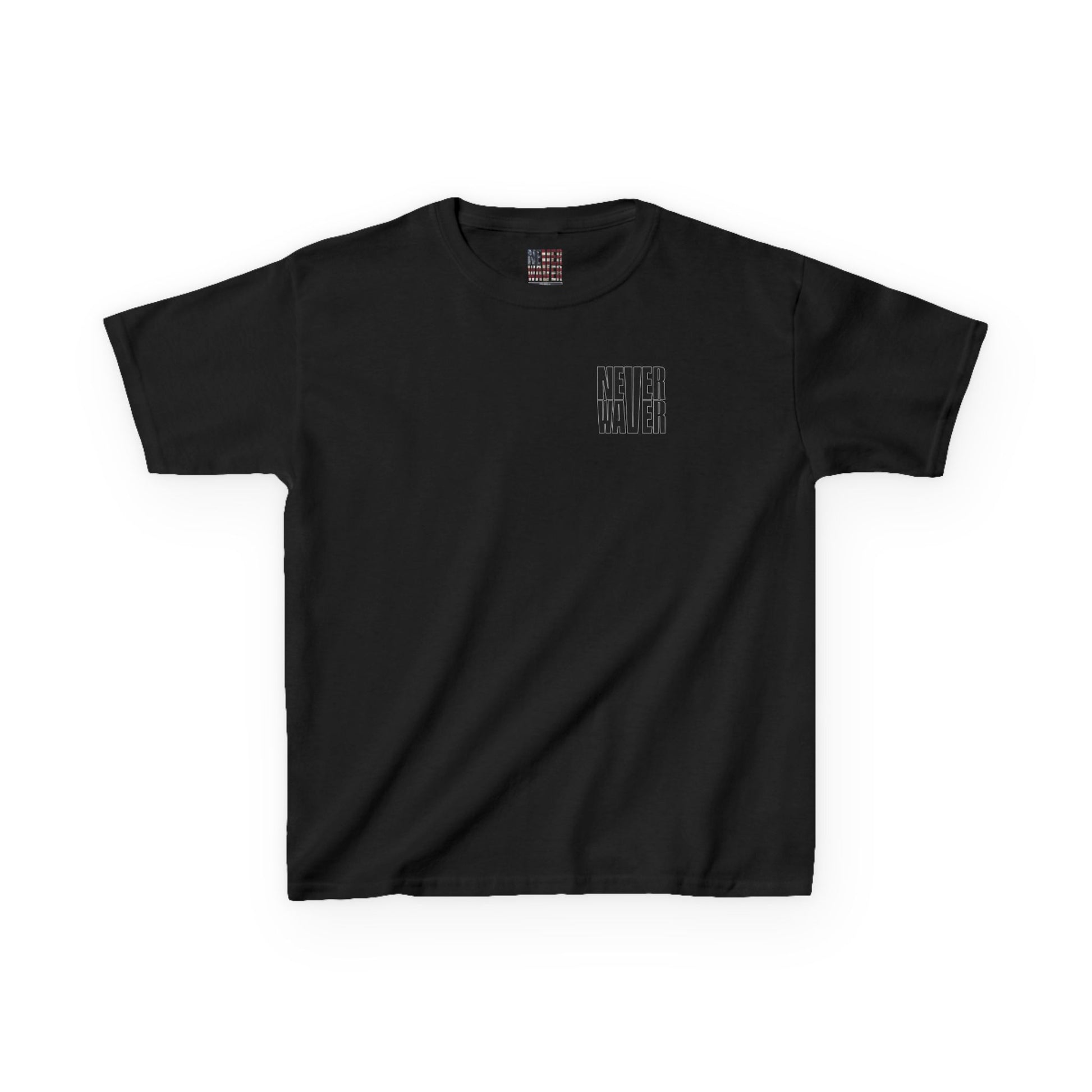 Kids Tee Never Waver” Jesus t-shirt might feature a bold, eye-catching design that reflects a steadfast faith and confidence in Christ.  - Never Waver