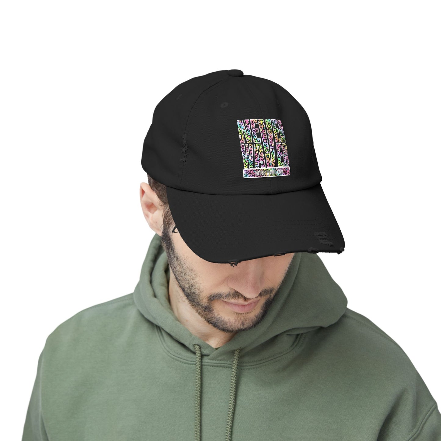 Unisex Distressed Cap - 'NEVER WAVER' Inspirational Hat for Everyday Wear Multi Color Leopard