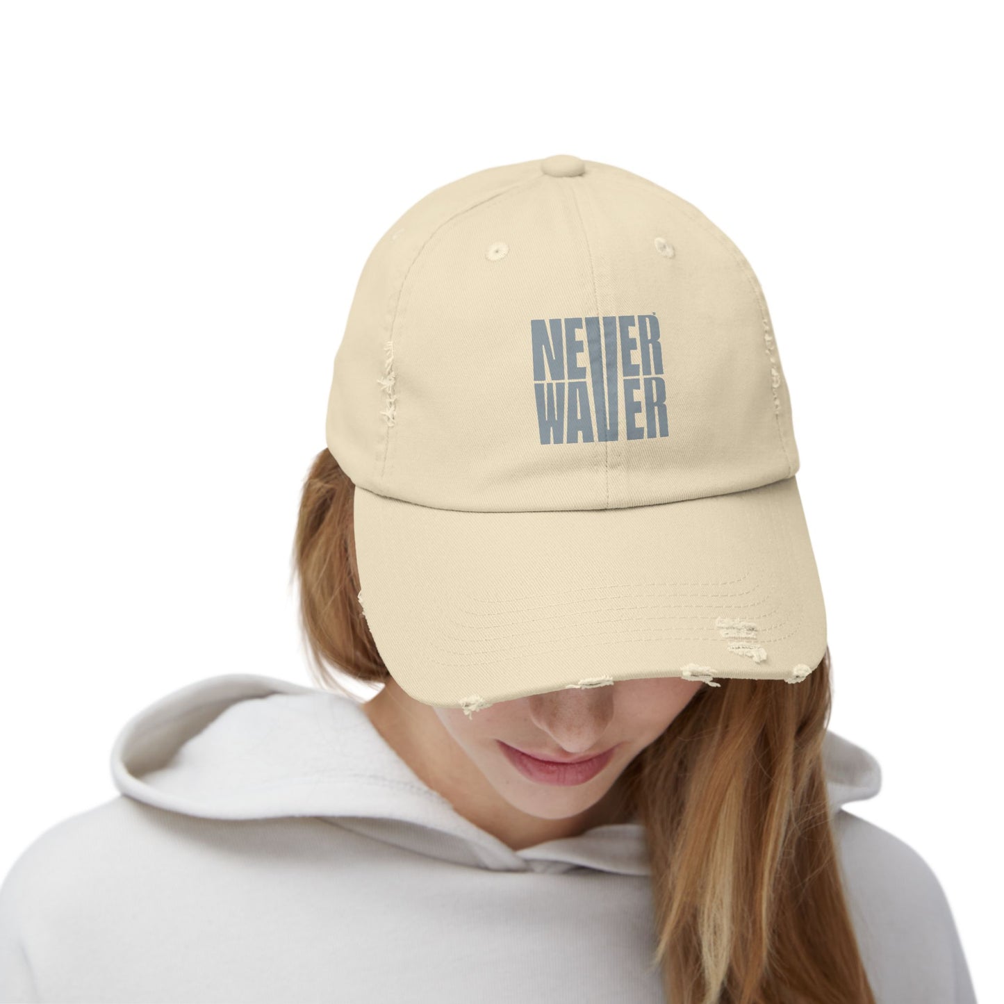 Unisex Distressed Cap - 'Never Waver' Casual Hat for Everyday Style