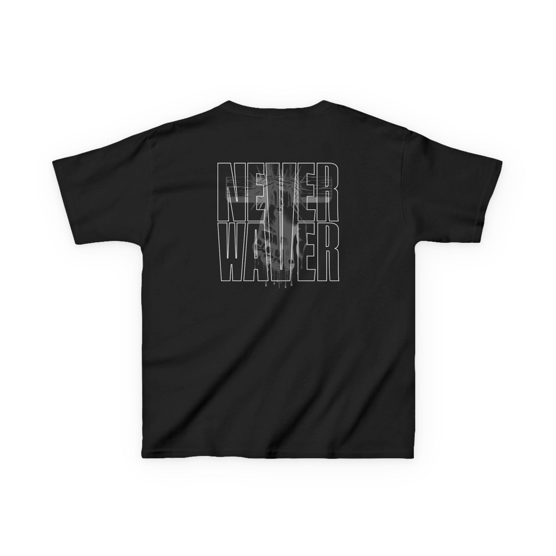 Kids Tee Never Waver” Jesus t-shirt might feature a bold, eye-catching design that reflects a steadfast faith and confidence in Christ.  - Never Waver
