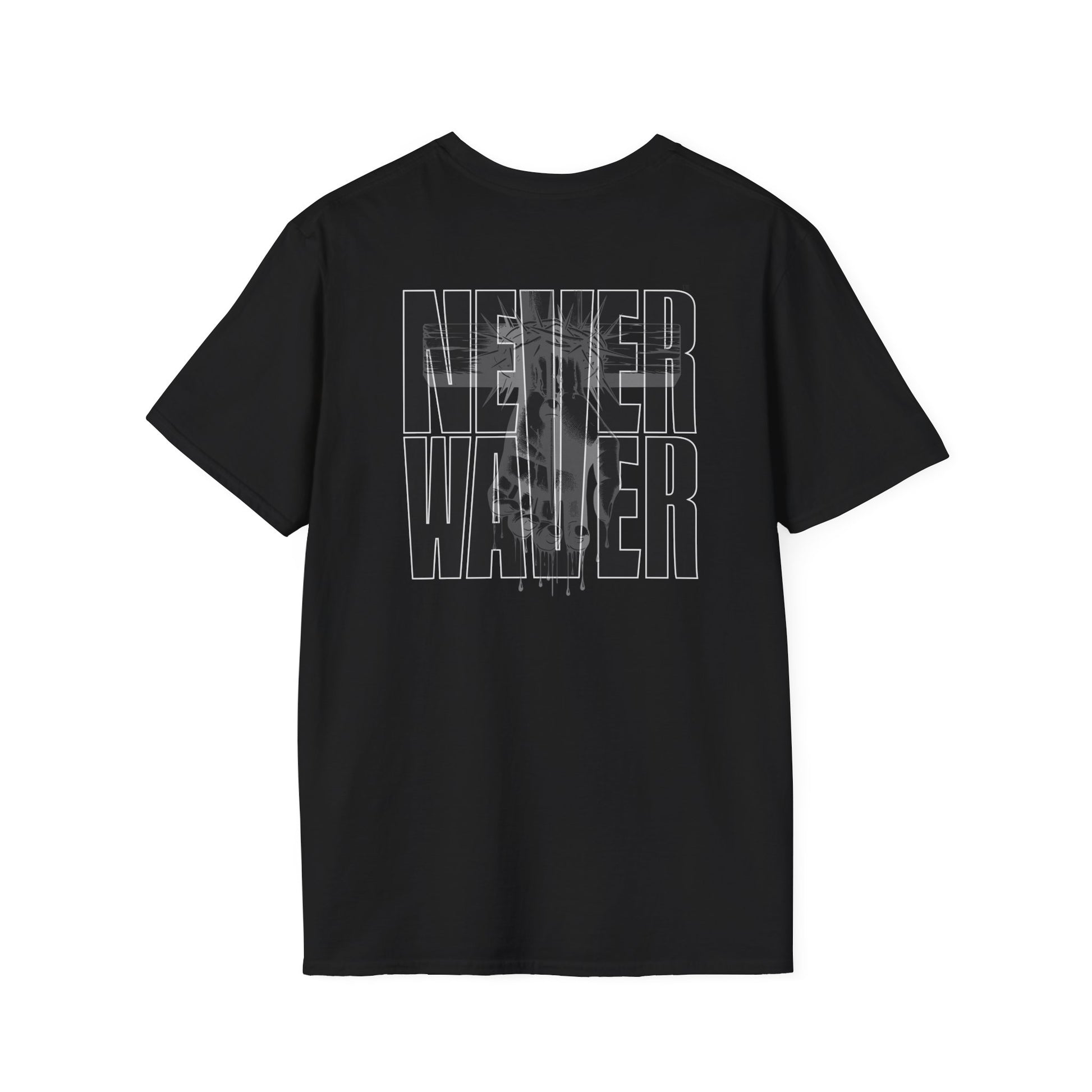 Never Waver” Jesus a bold, eye-catching design that reflects a steadfast faith and confidence in Christ. Unisex Soft style T-Shirt - Never Waver